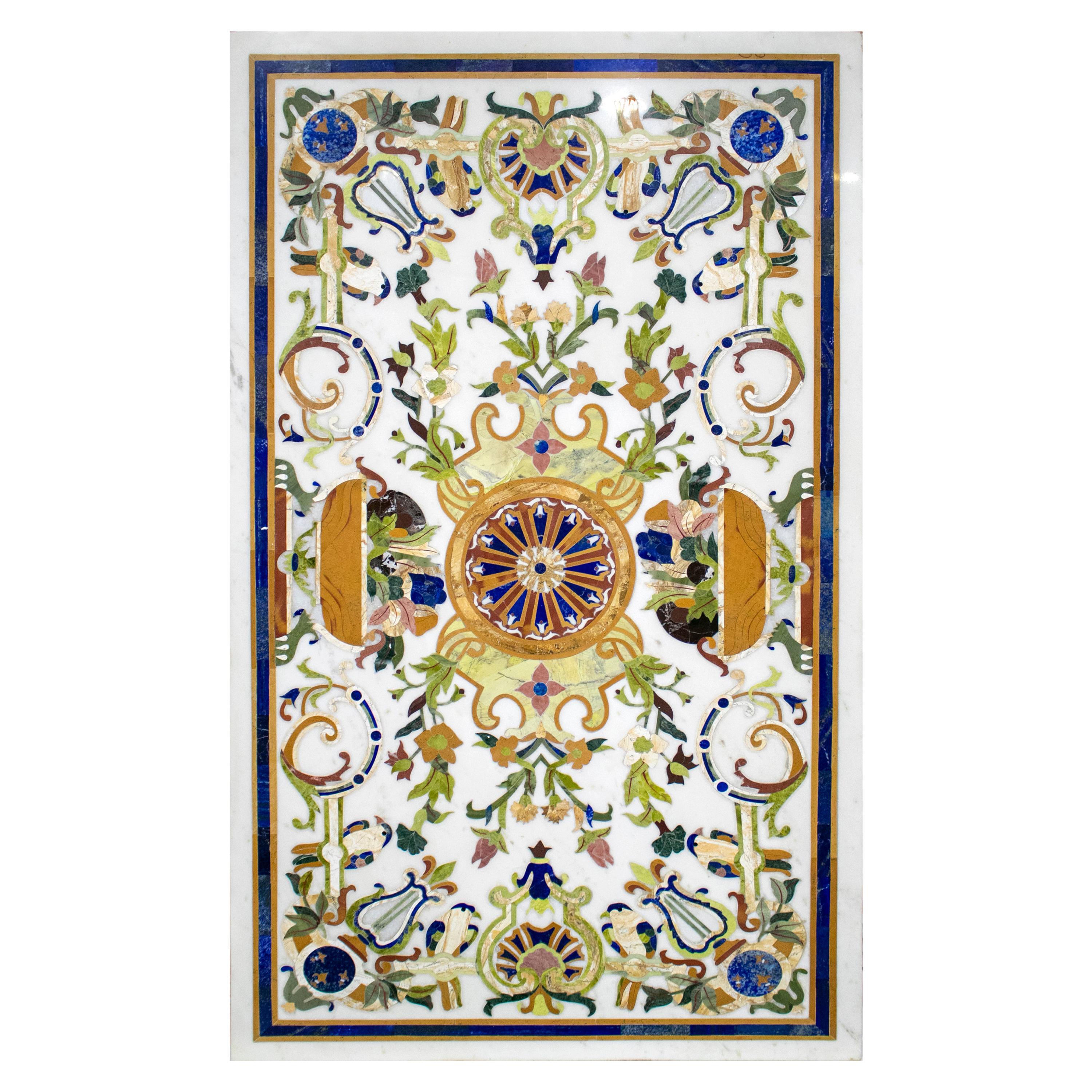 Rectangular Pietre Dure Classical Mosaic White Marble Table Top