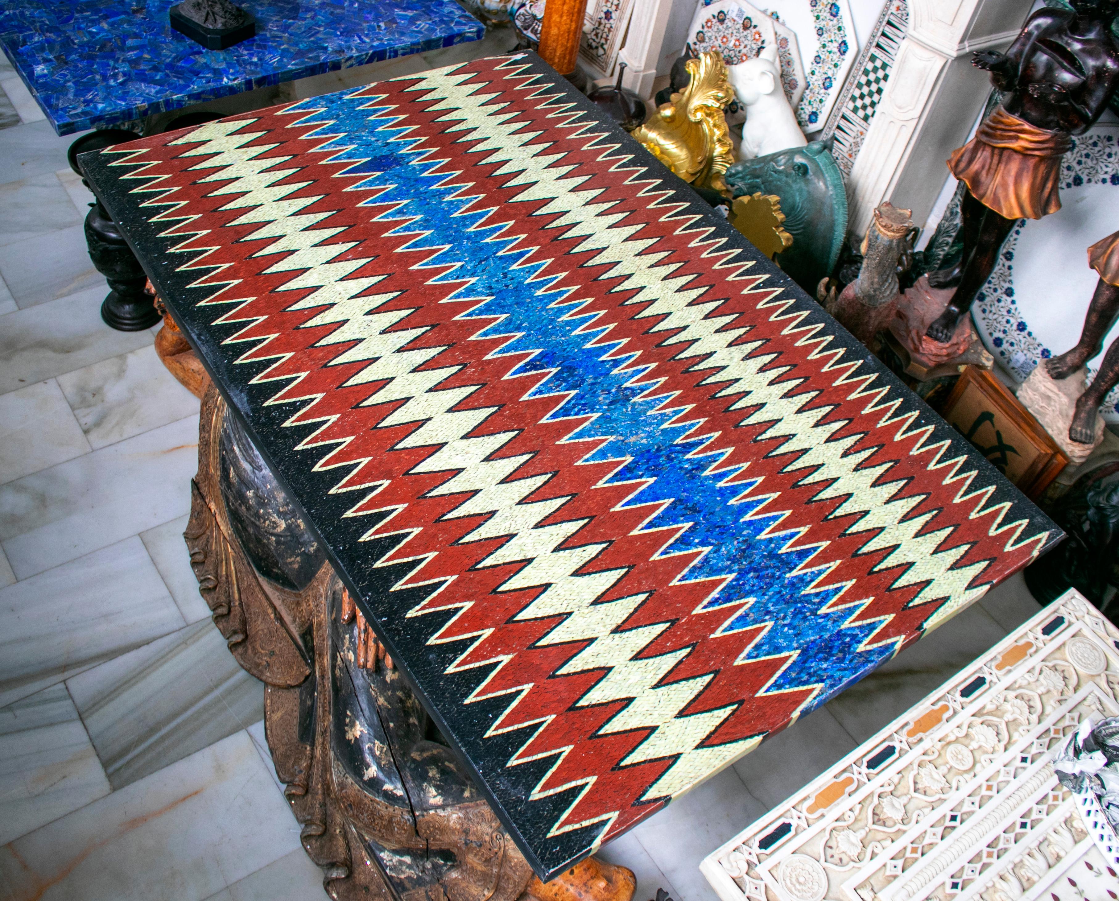 Rectangular Italian Pietre Dure technique handmade marble and blue lapislazuli mosaic 6-seat dining tabletop.