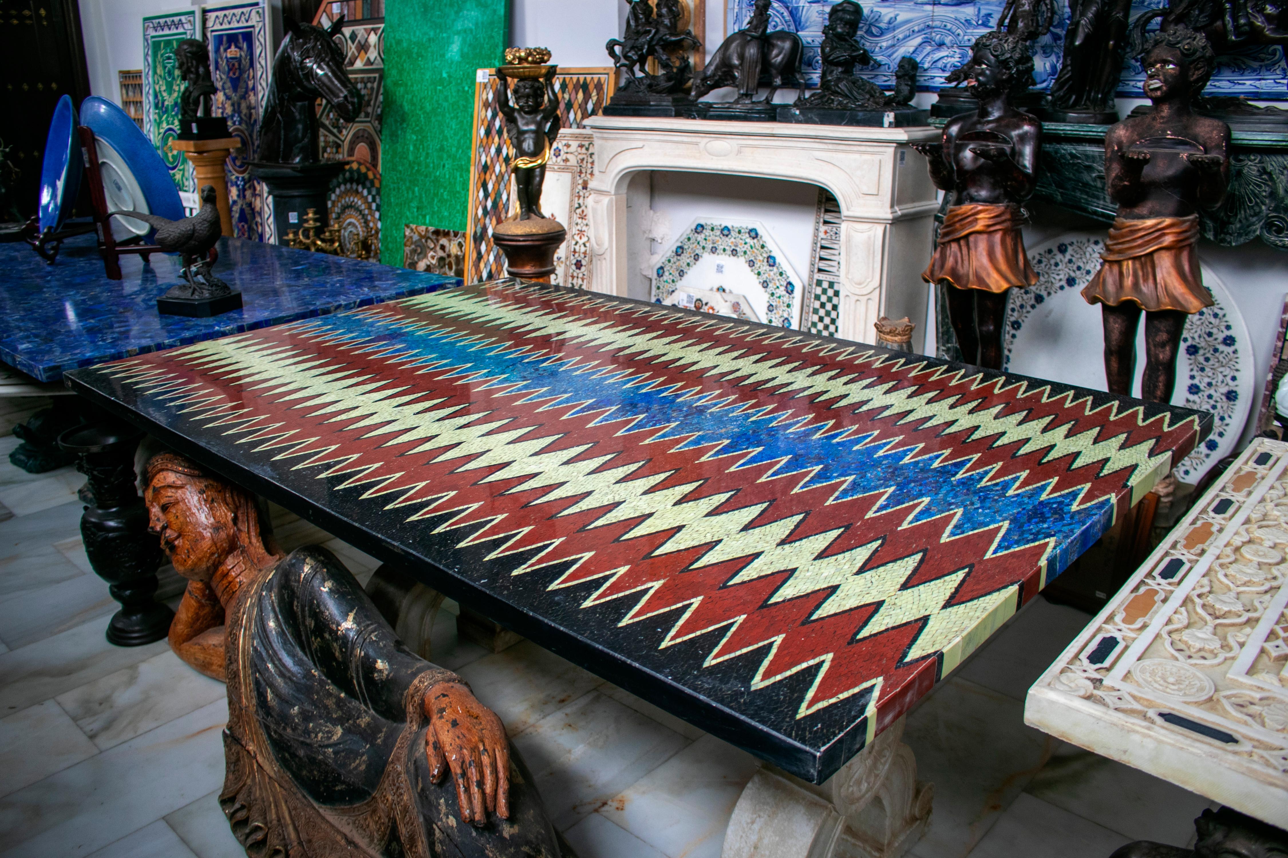 European Rectangular Pietre Dure Marble and Lapislazuli Mosaic 6-Seat Dining Table Top For Sale