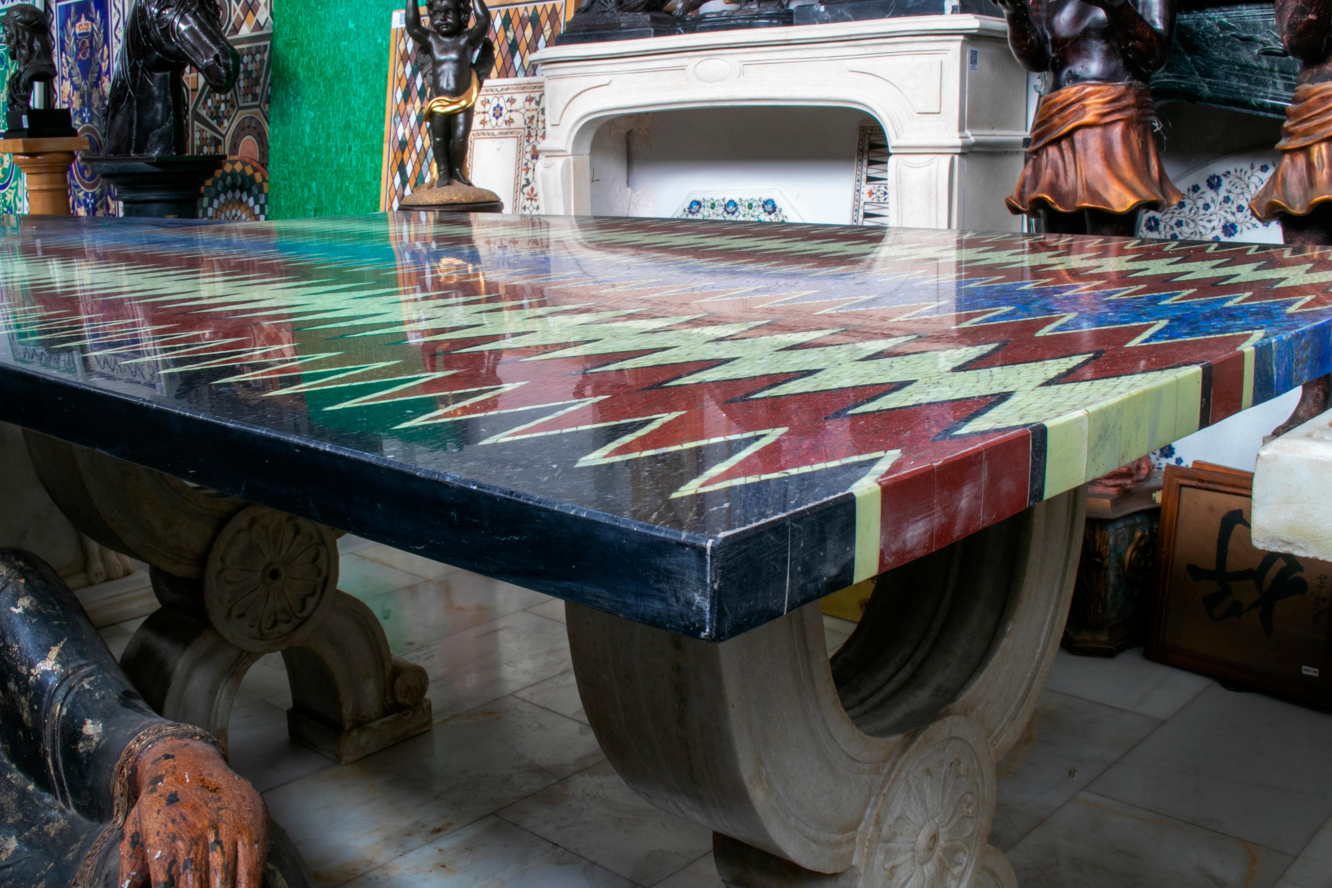 20th Century Rectangular Pietre Dure Marble and Lapislazuli Mosaic 6-Seat Dining Table Top For Sale
