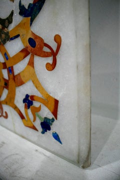Rectangular Pietra Dura White Marble and Lapis Mosaic 6-Seat Dining Table Top