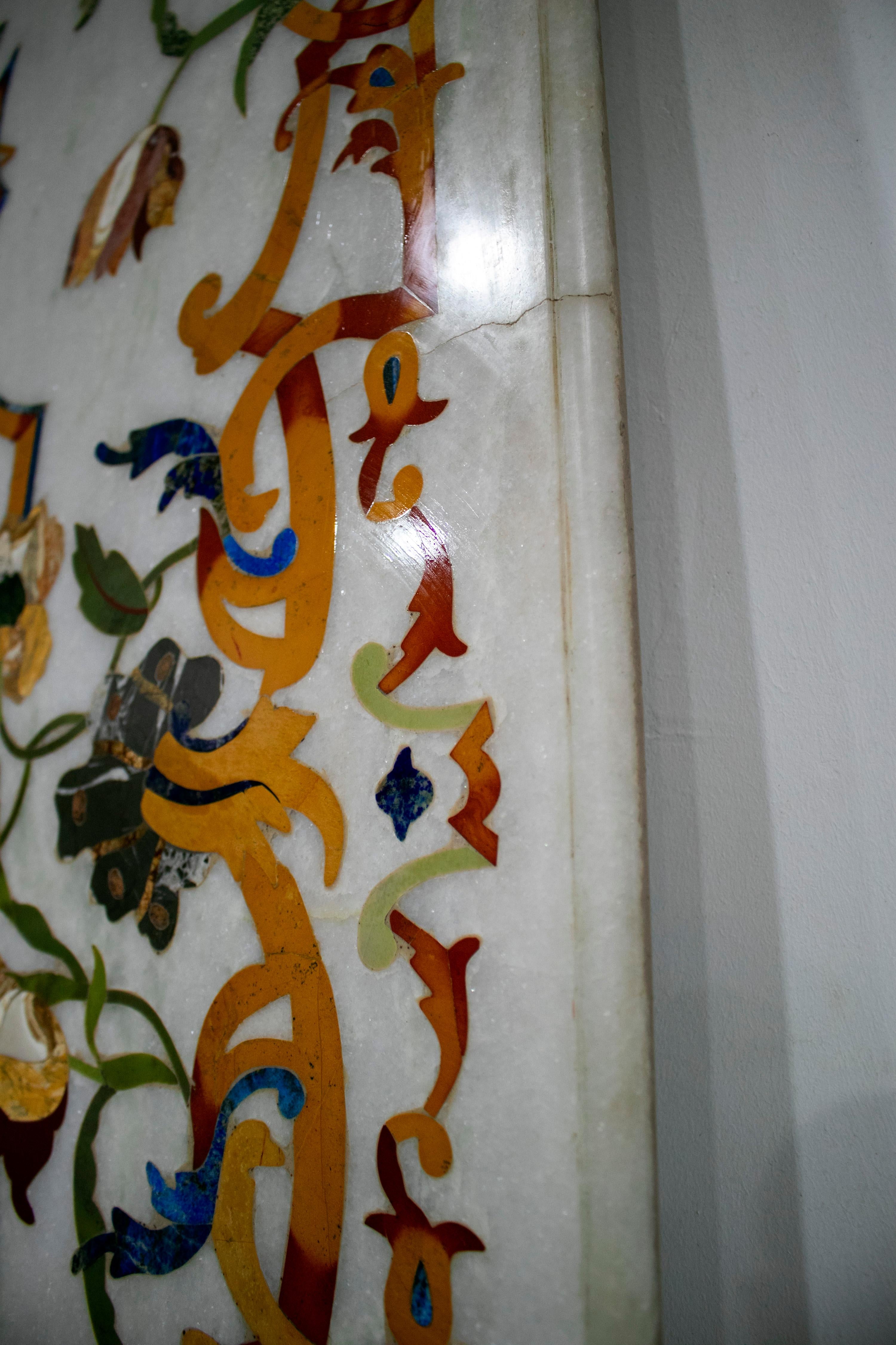 European Rectangular Pietra Dura White Marble and Lapis Mosaic 6-Seat Dining Table Top