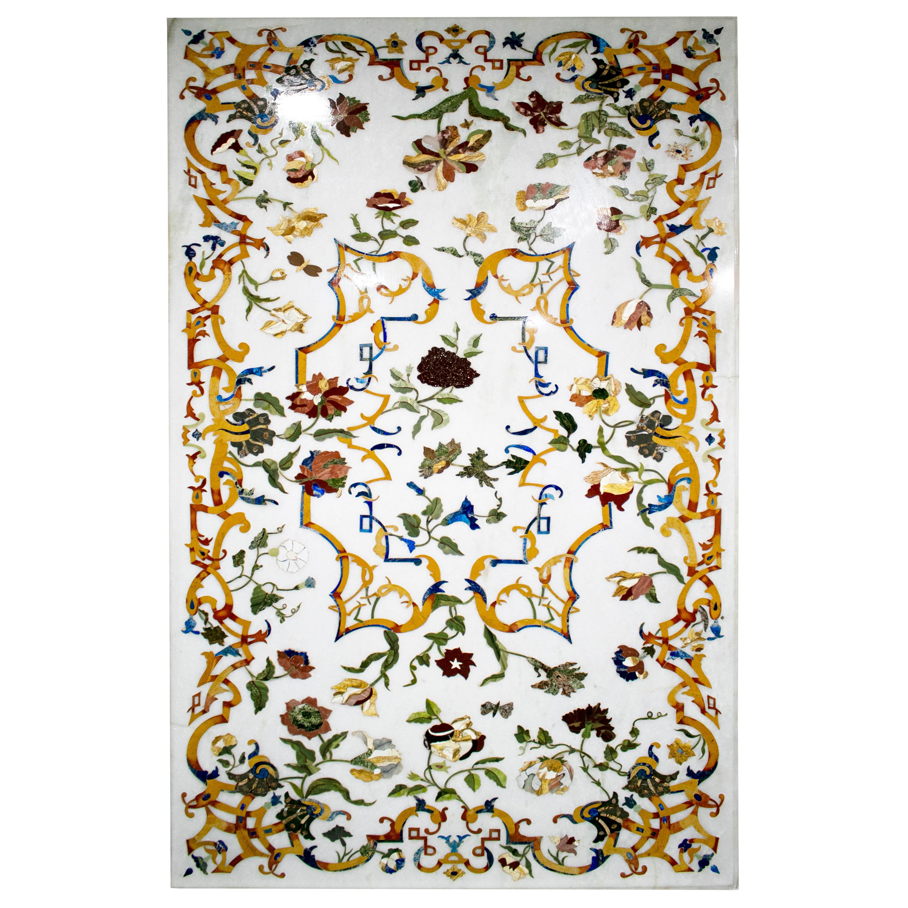 Rectangular Pietra Dura White Marble and Lapis Mosaic 6-Seat Dining Table Top
