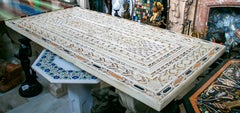 Rectangular Pietre Dure White Marble Inlay Mosaic 6-Seat Dining Table Top