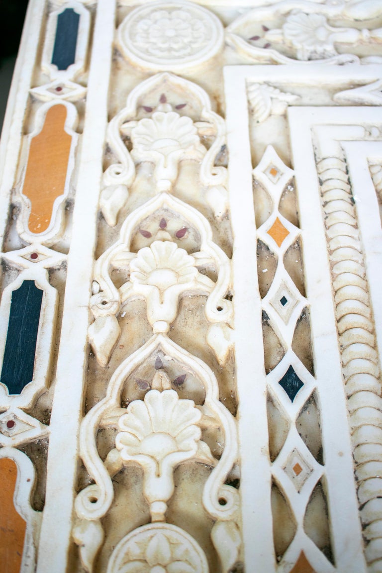 Rectangular Pietre Dure White Marble Inlay Mosaic 6Seat Dinning Table