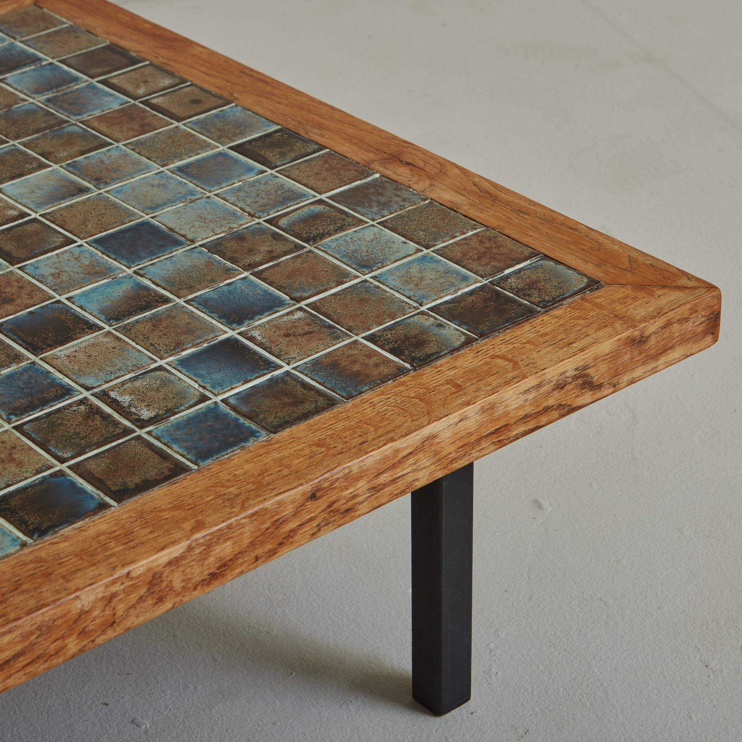 Mid-Century Modern Rectangular Pine Wood Coffee Table with Blue + Brown Ceramic Tile Top For Sale