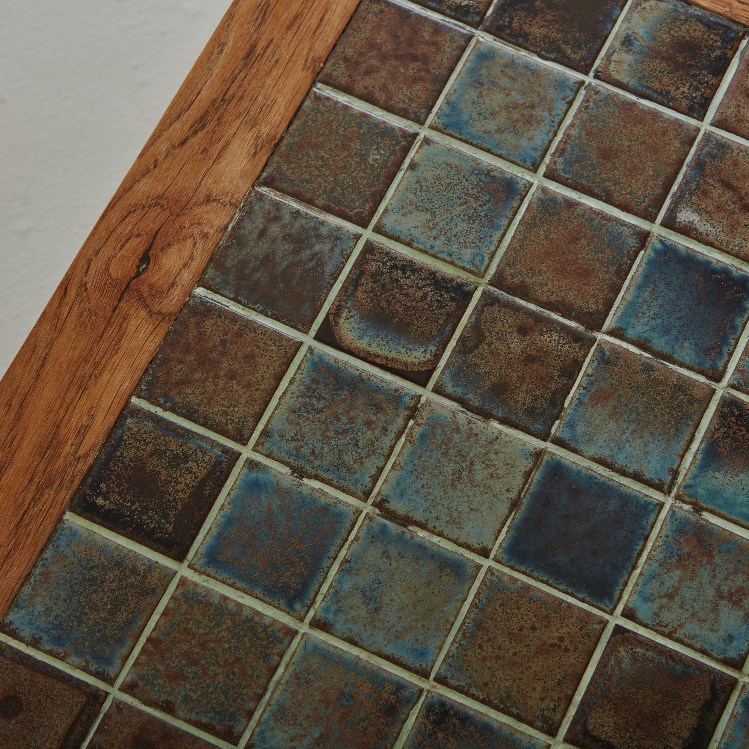 Mid-20th Century Rectangular Pine Wood Coffee Table with Blue + Brown Ceramic Tile Top For Sale