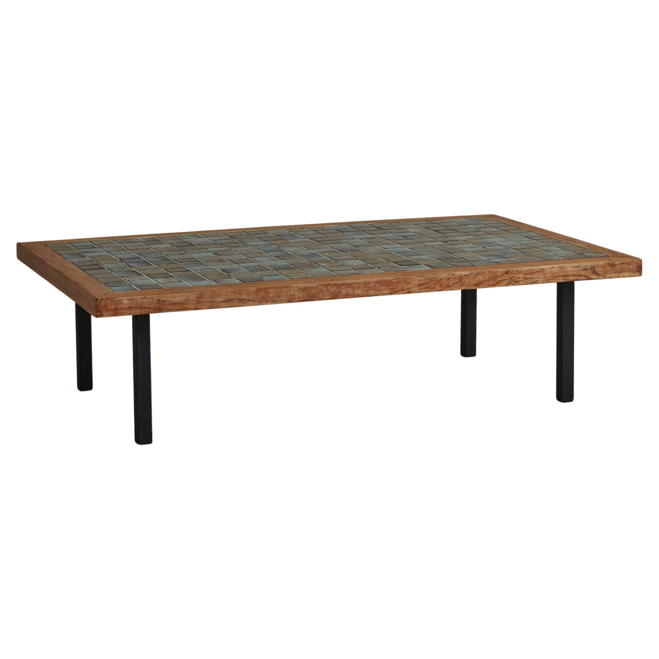 Rectangular Pine Wood Coffee Table with Blue + Brown Ceramic Tile Top For Sale