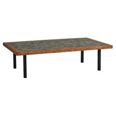 Used Rectangular Pine Wood Coffee Table with Blue + Brown Ceramic Tile Top