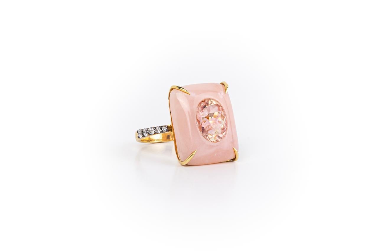 Rectangular Pink Opal And Oval Pink Tourmaline Inlay Cocktail Ring / 18k Yellow Gold

Pink Opal 12.25 Ct 
Pink Tourmaline 3.09 Ct 
Diamond 0.20 Ct
