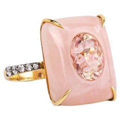 Rectangular Pink Opal And Oval Pink Tourmaline Inlay Cocktail Ring / 18k Yellow