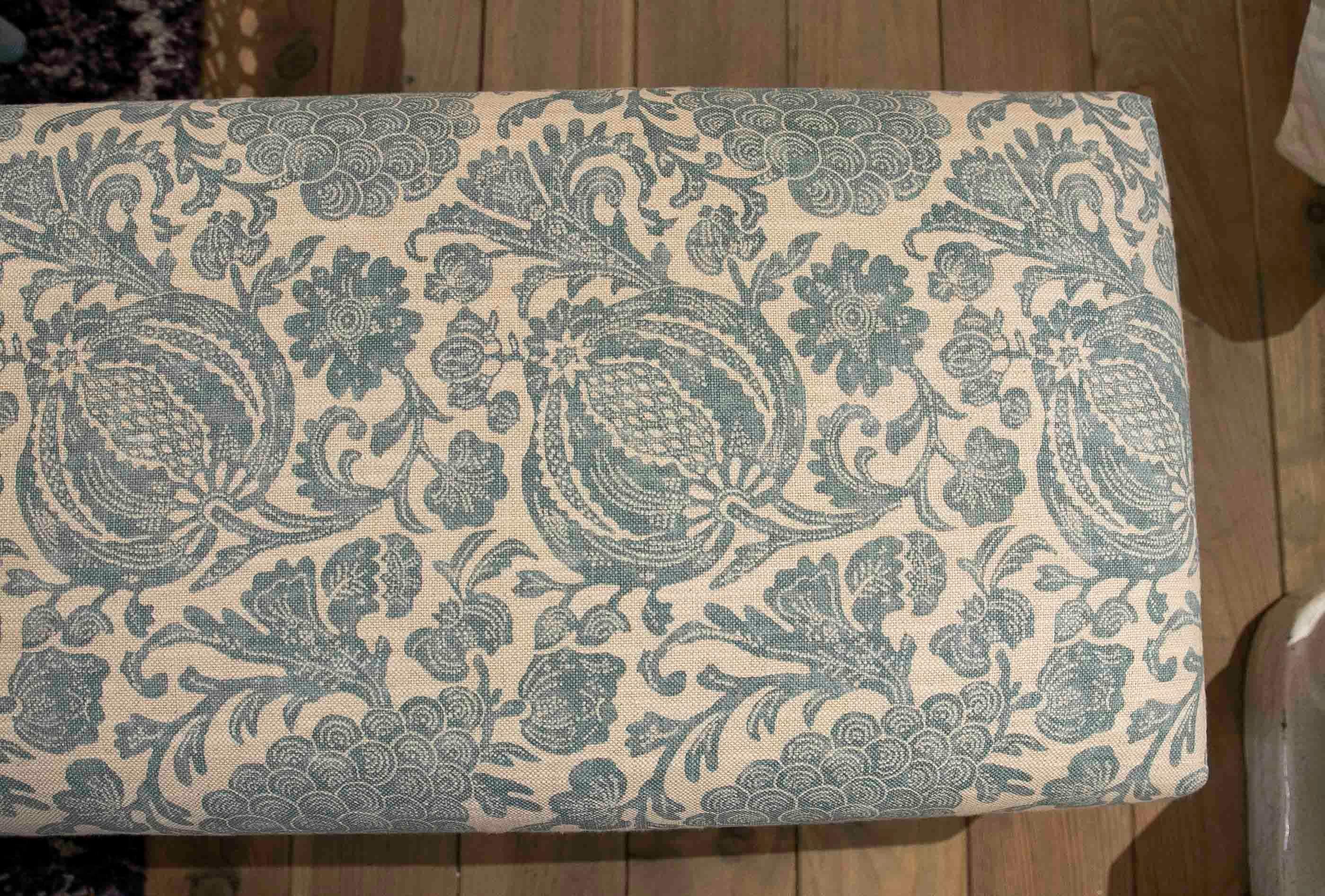 Rectangular Pouf Upholstered with a New Fabric  Flower Decoration in Blue Tones 8