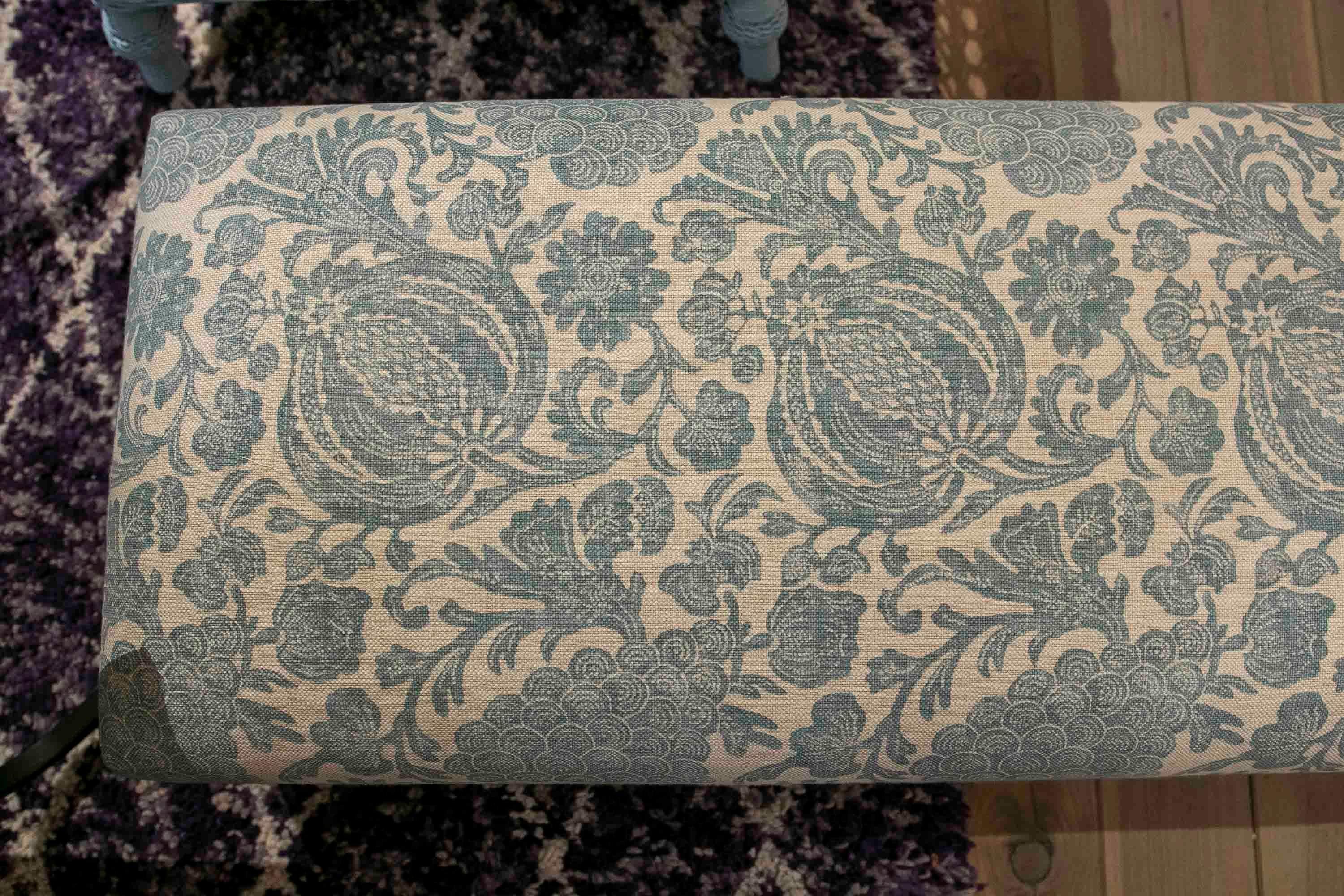 Rectangular Pouf Upholstered with a New Fabric  Flower Decoration in Blue Tones 9