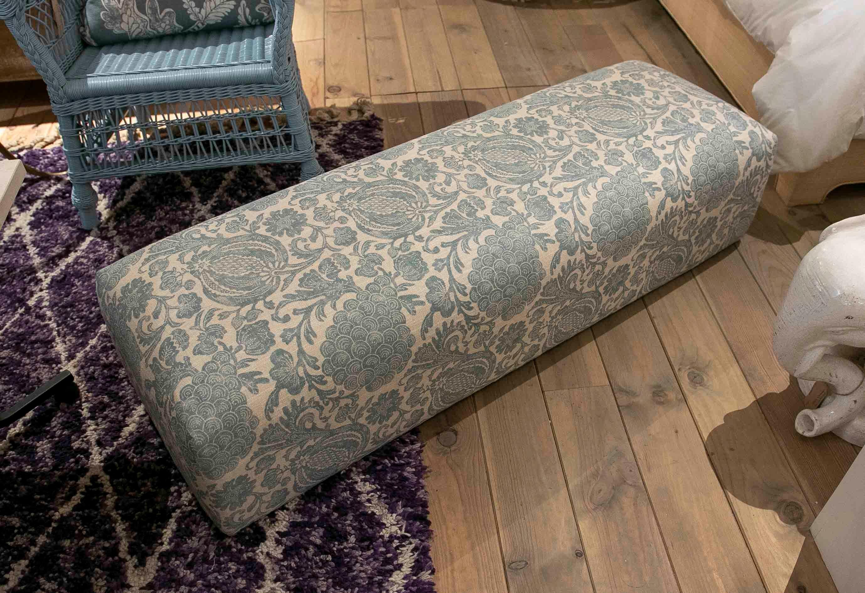 Rectangular Pouf Upholstered with a New Fabric with Flower Decoration in Blue Tones