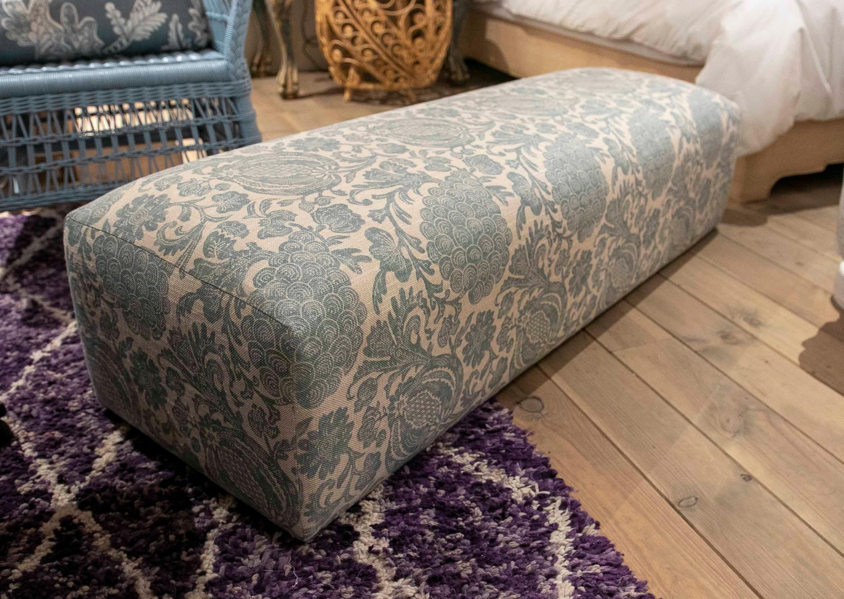 Spanish Rectangular Pouf Upholstered with a New Fabric  Flower Decoration in Blue Tones