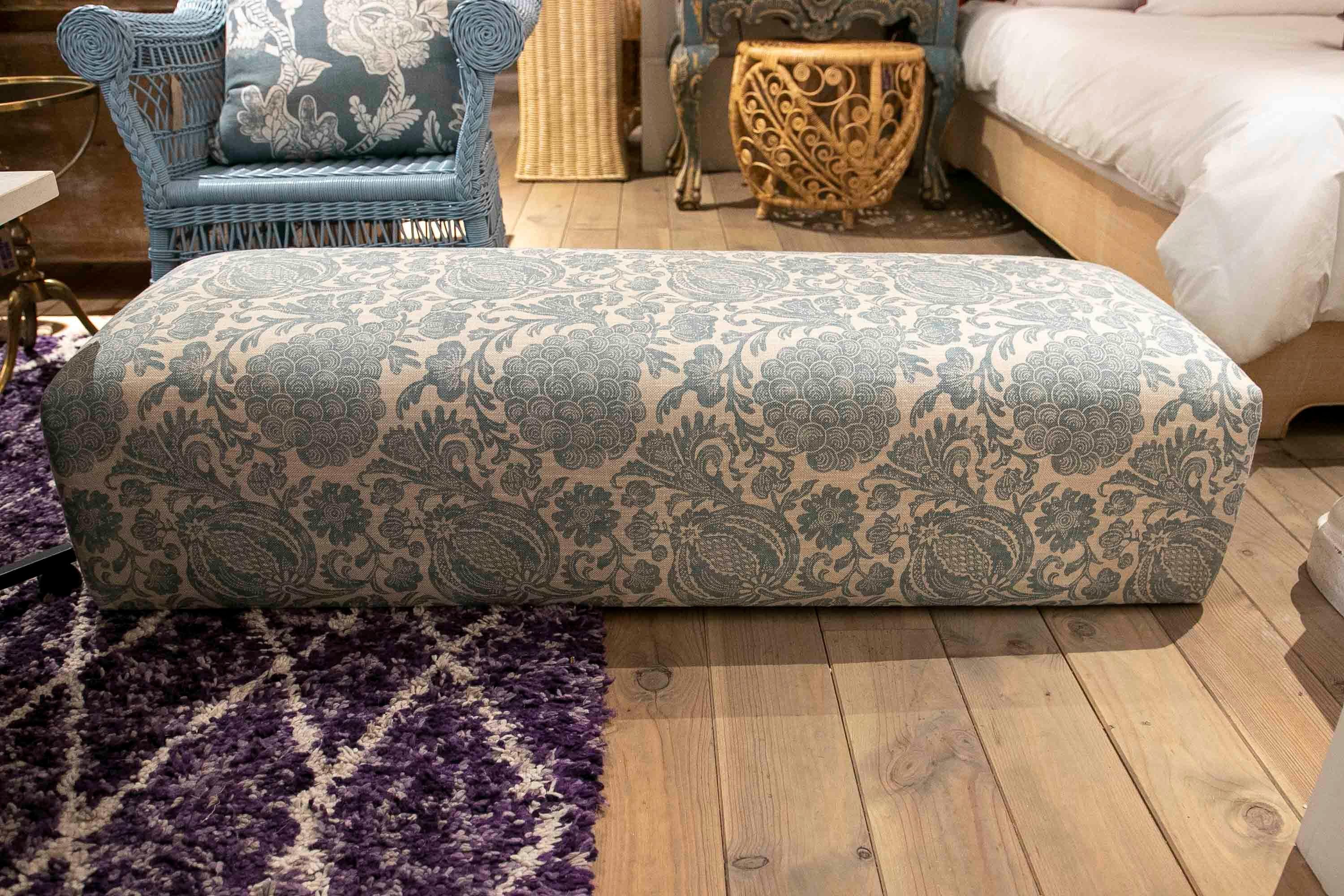 Late 20th Century Rectangular Pouf Upholstered with a New Fabric  Flower Decoration in Blue Tones