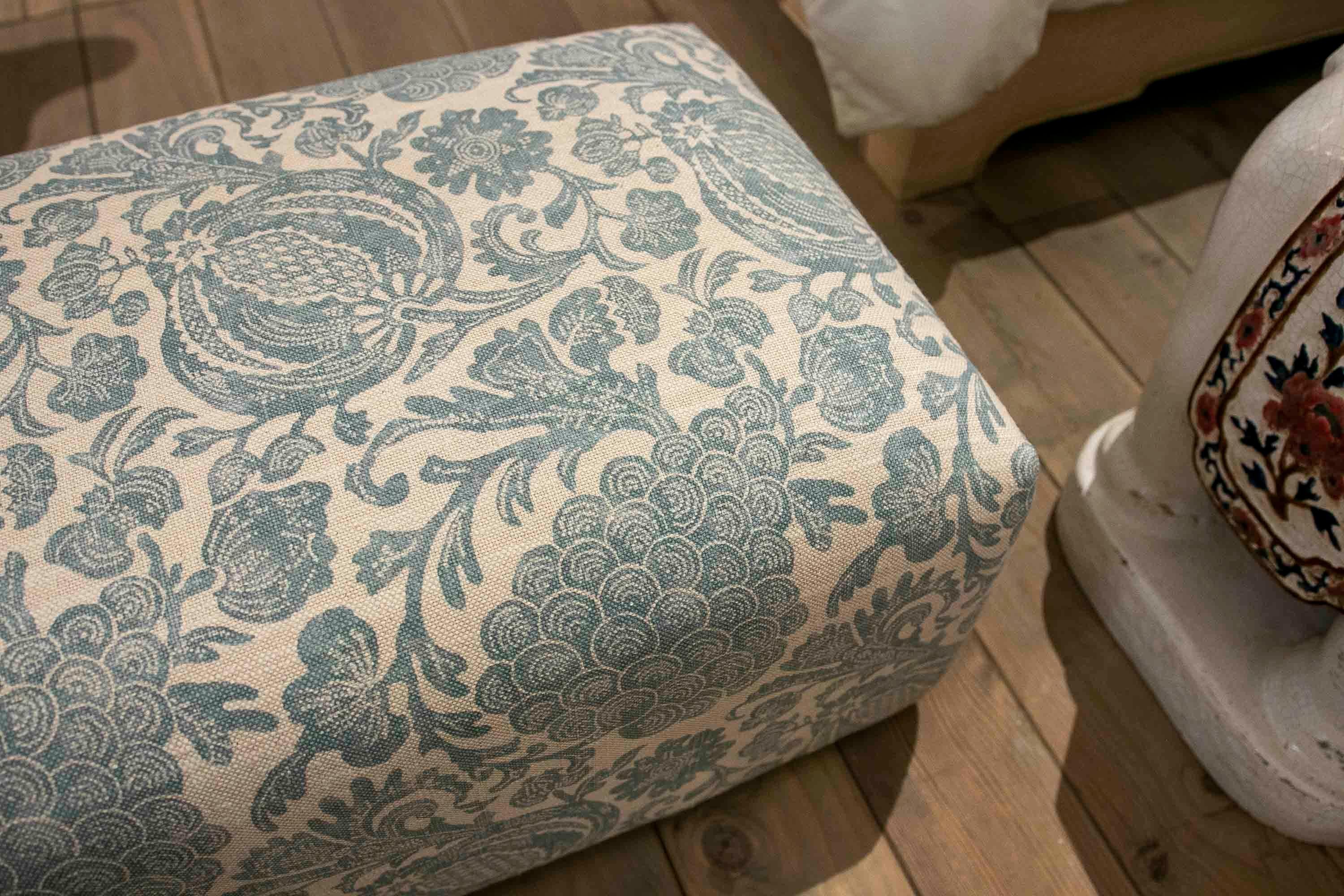 Rectangular Pouf Upholstered with a New Fabric  Flower Decoration in Blue Tones 1