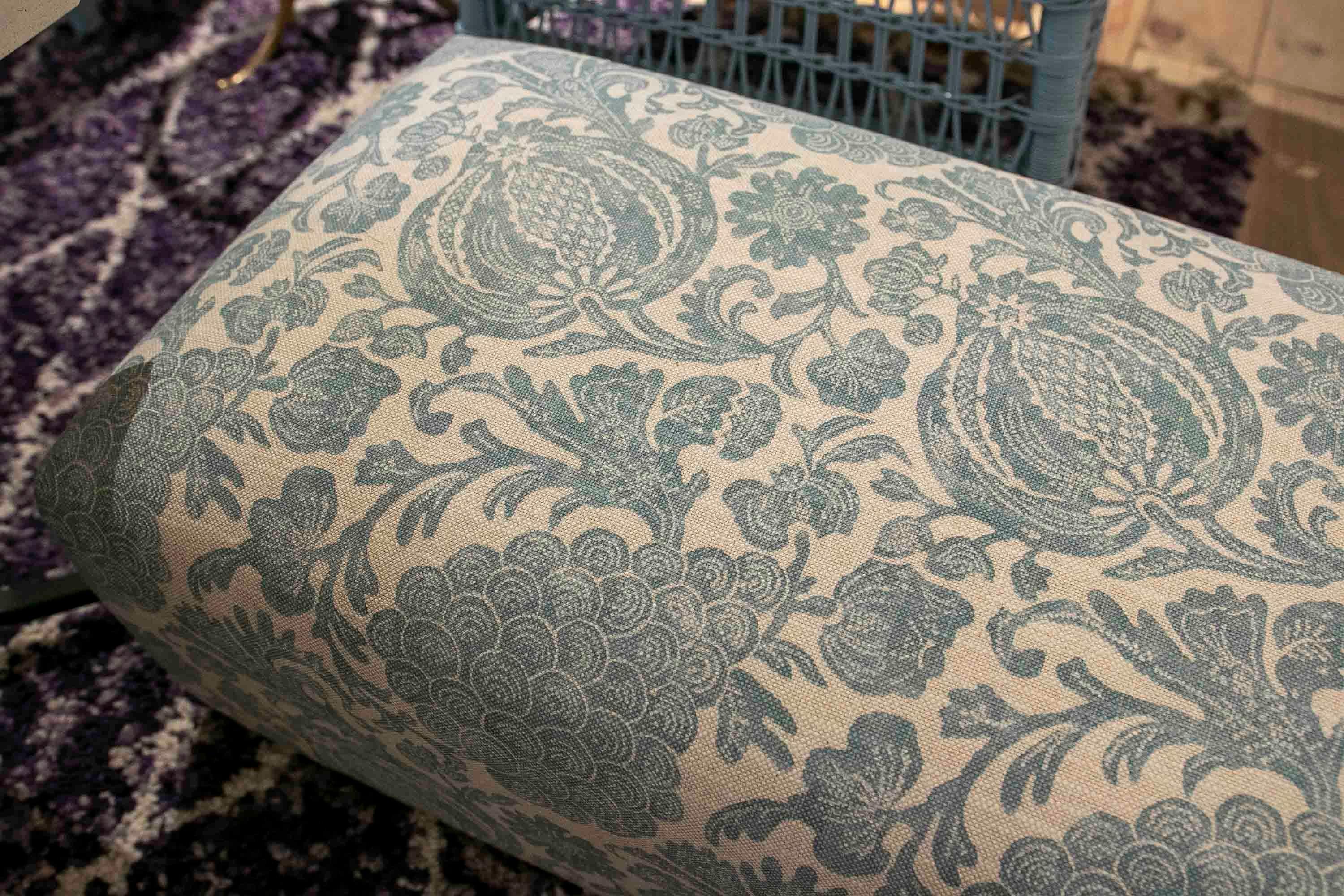 Rectangular Pouf Upholstered with a New Fabric  Flower Decoration in Blue Tones 3