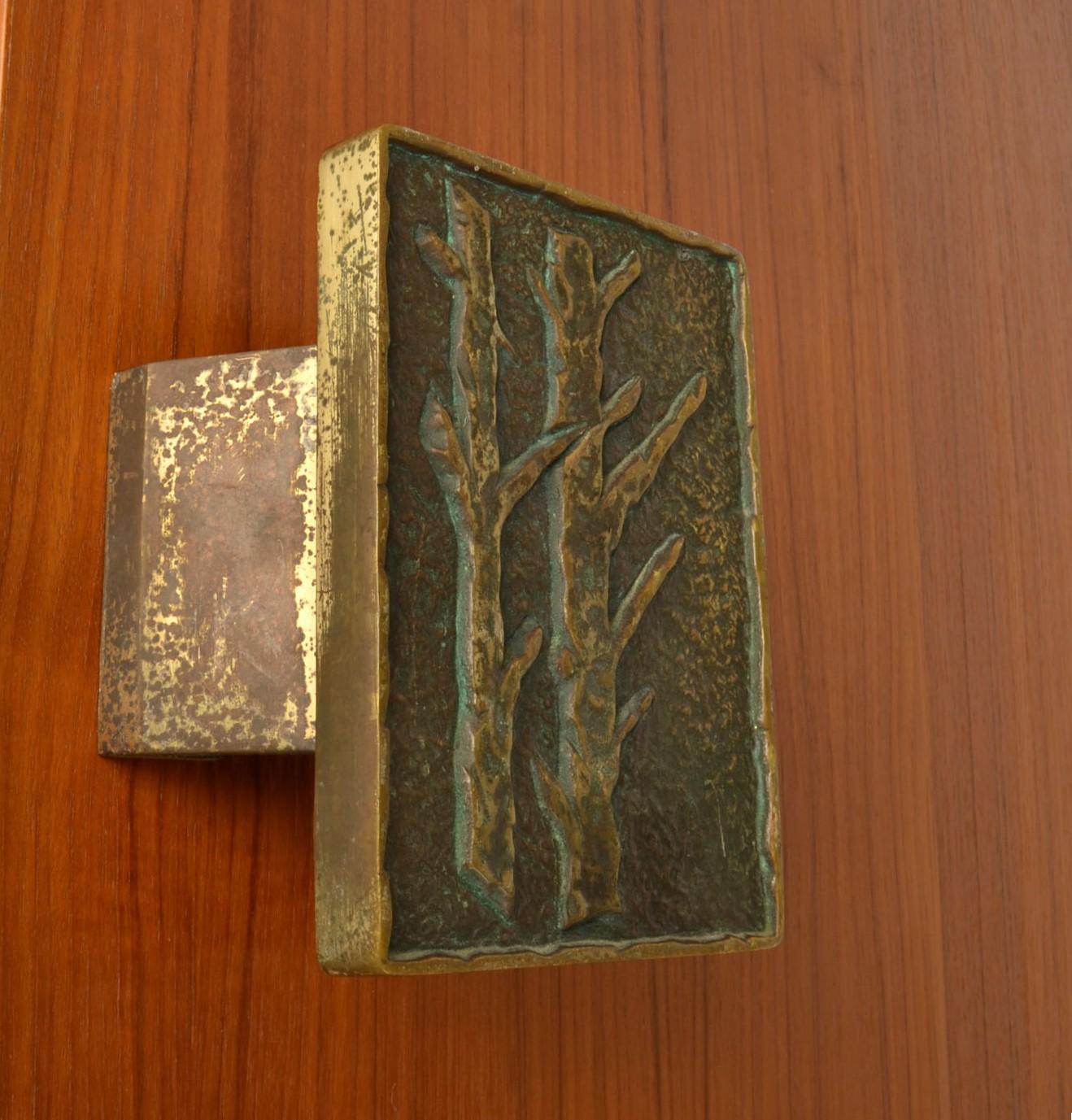 Mid-Century Modern Rectangular Push and Pull Door Handle in Bronze with Tree Relief For Sale