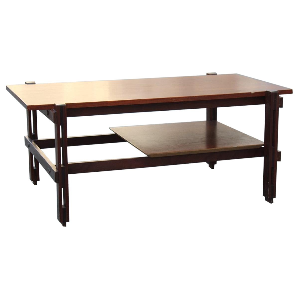 Rectangular Rational Midcentury Italian Design Teak Wood Coffee Table Brown For Sale