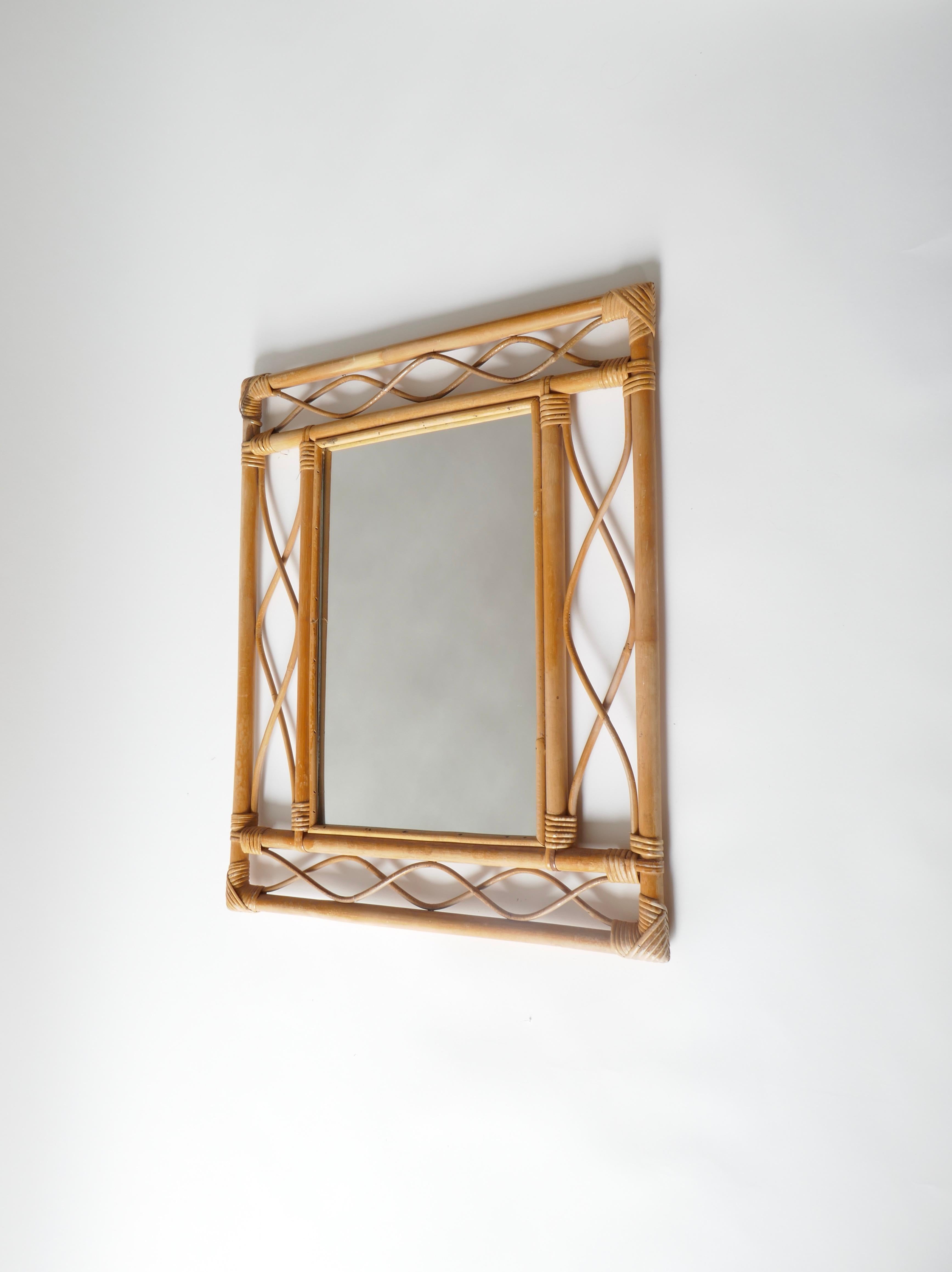 Mid-20th Century Rectangular Rattan and Bamboo Mirror, France, 1960s For Sale