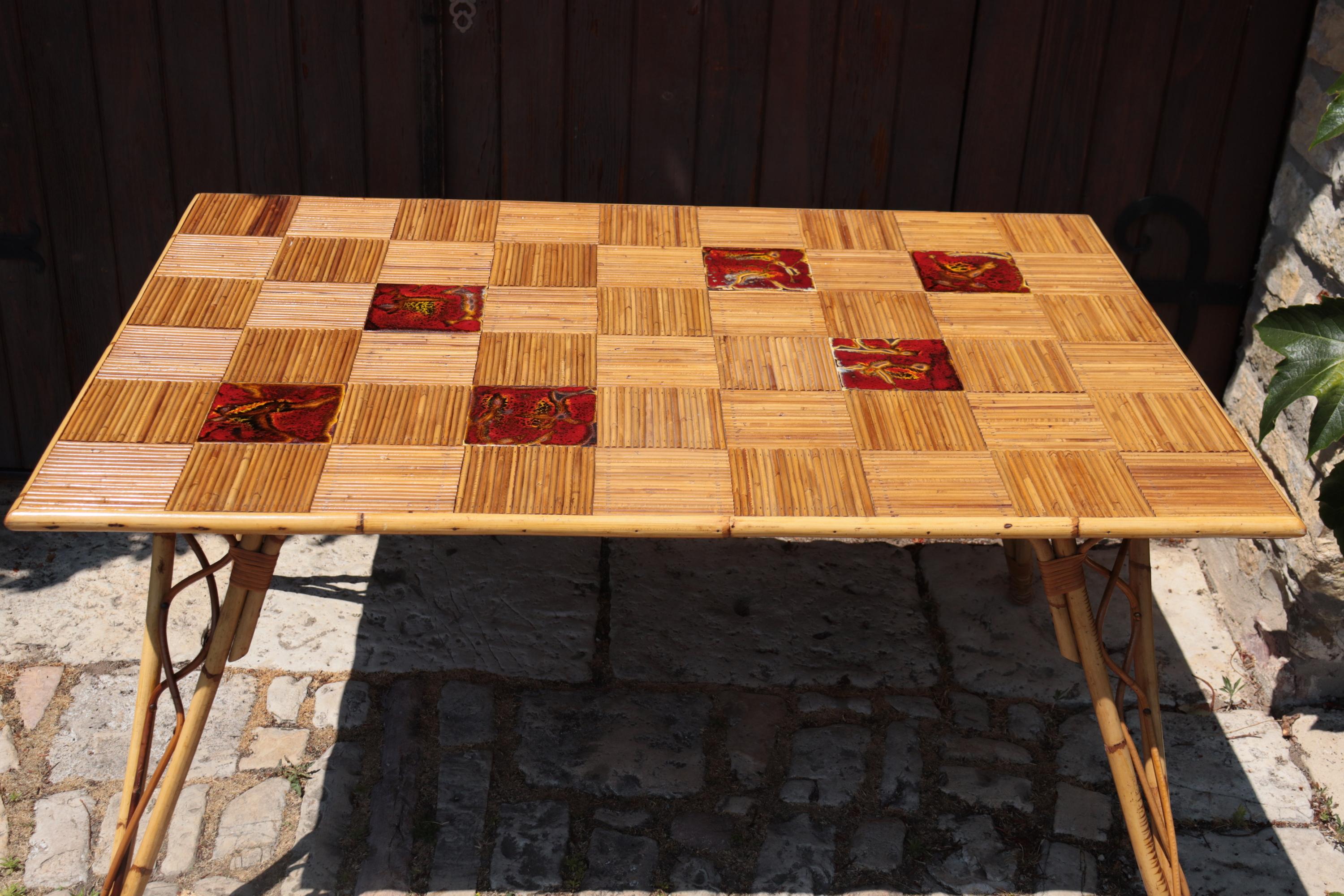 Bohemian Rectangular Rattan And Ceramic Table By Audoux-minnet, Circa 1950 For Sale