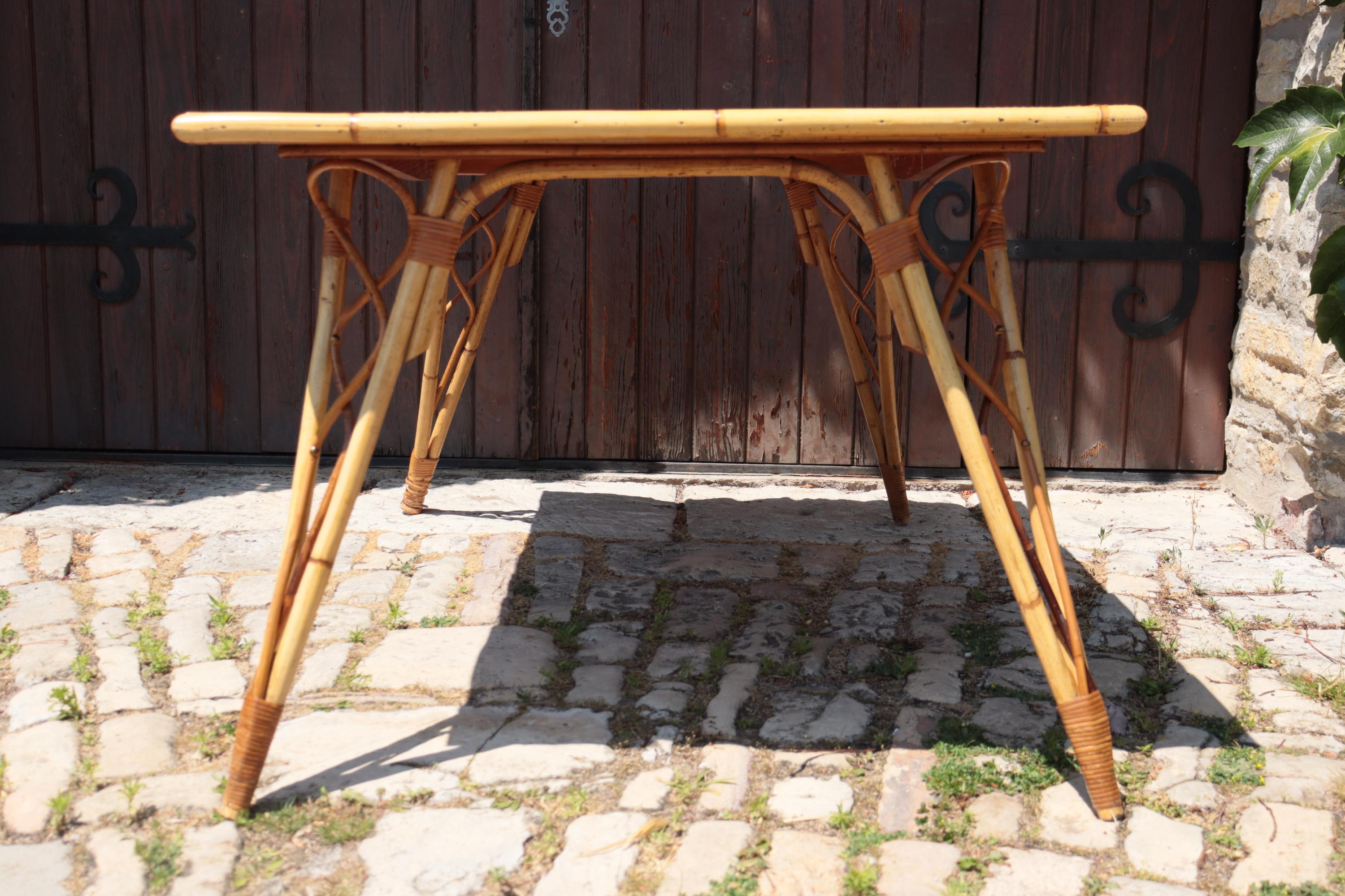 Mid-20th Century Rectangular Rattan And Ceramic Table By Audoux-minnet, Circa 1950 For Sale