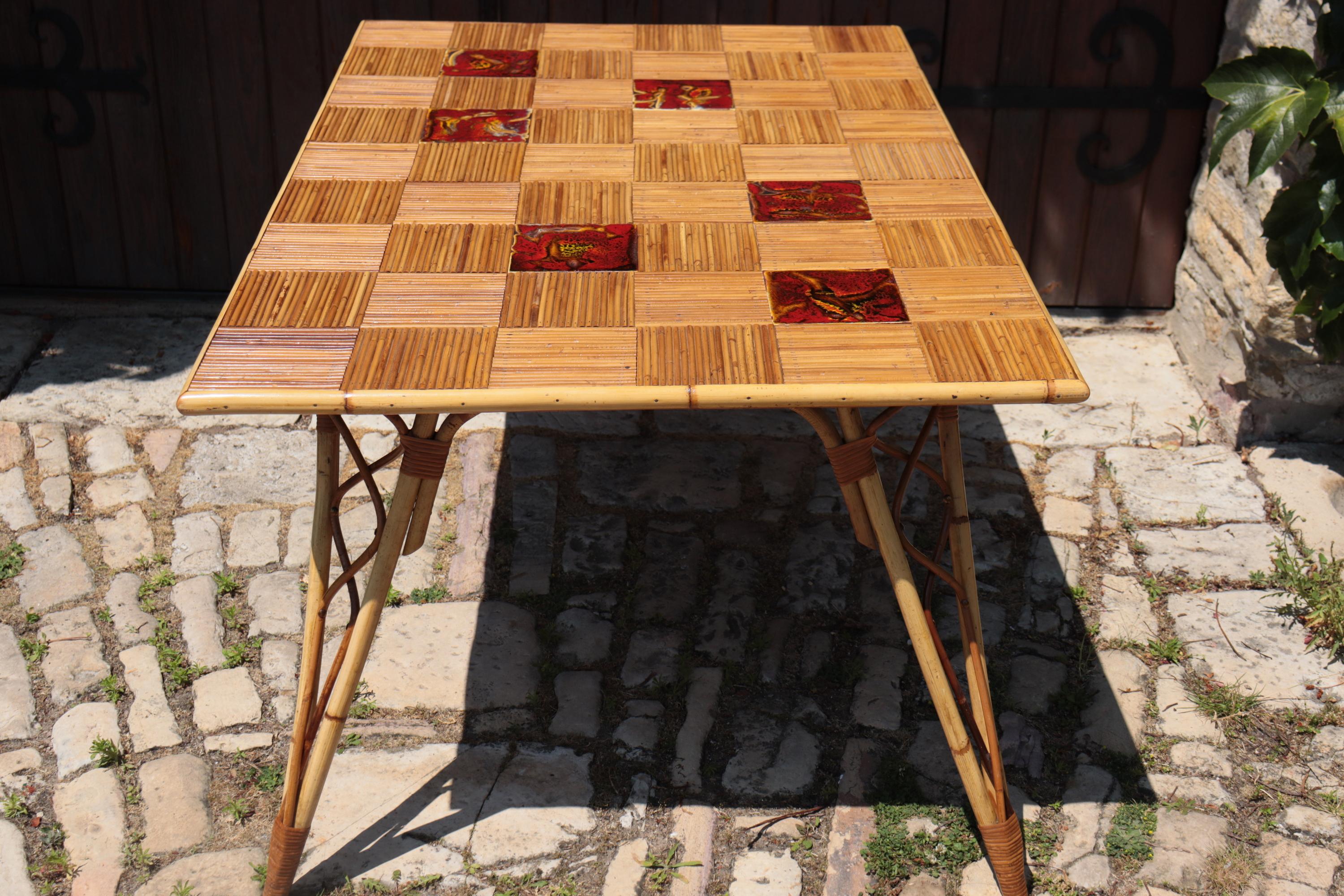 Rectangular Rattan And Ceramic Table By Audoux-minnet, Circa 1950 For Sale 1