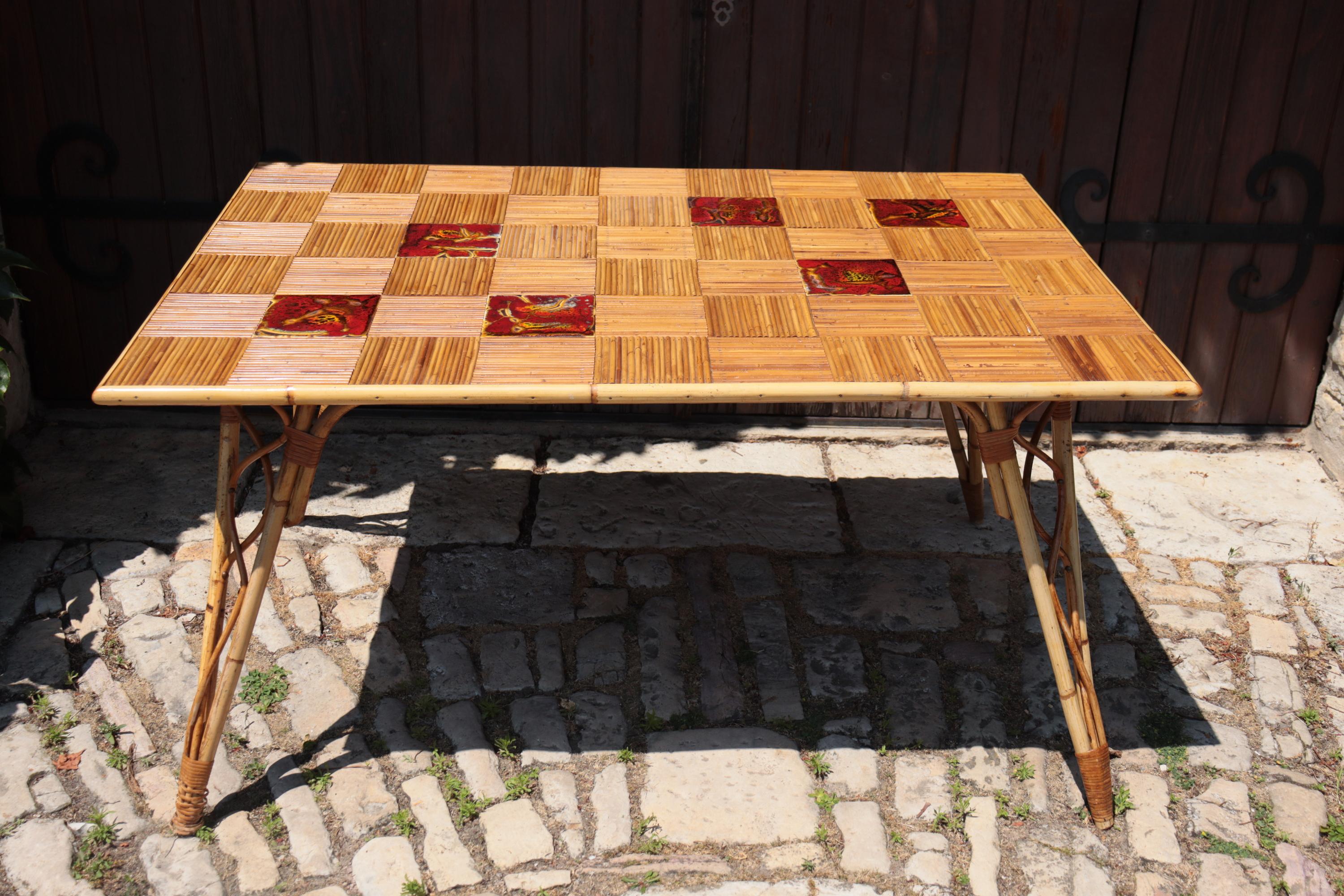 Rectangular Rattan And Ceramic Table By Audoux-minnet, Circa 1950 For Sale 2