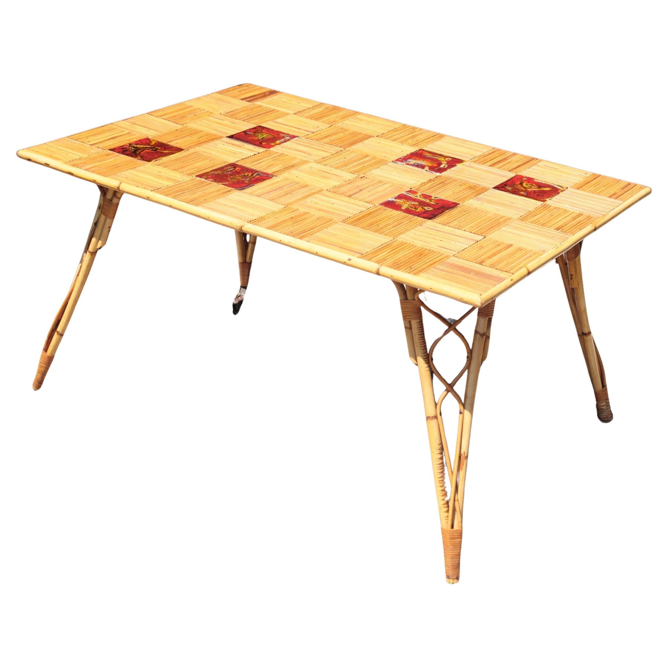 Rectangular Rattan And Ceramic Table By Audoux-minnet, Circa 1950 For Sale