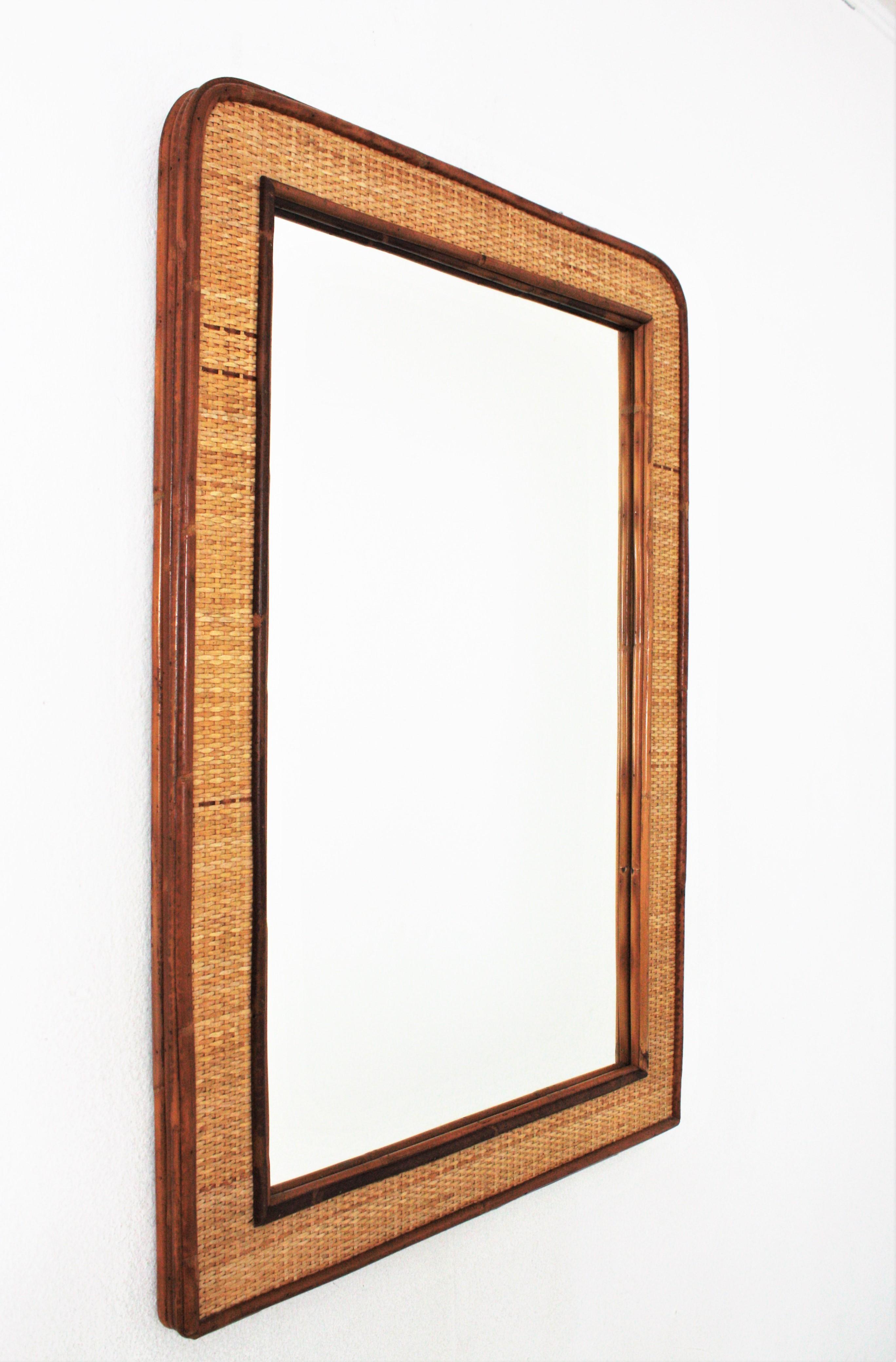 Mid-Century Modern Rattan Woven Wicker Rectangular Coastal Wall Mirror For Sale