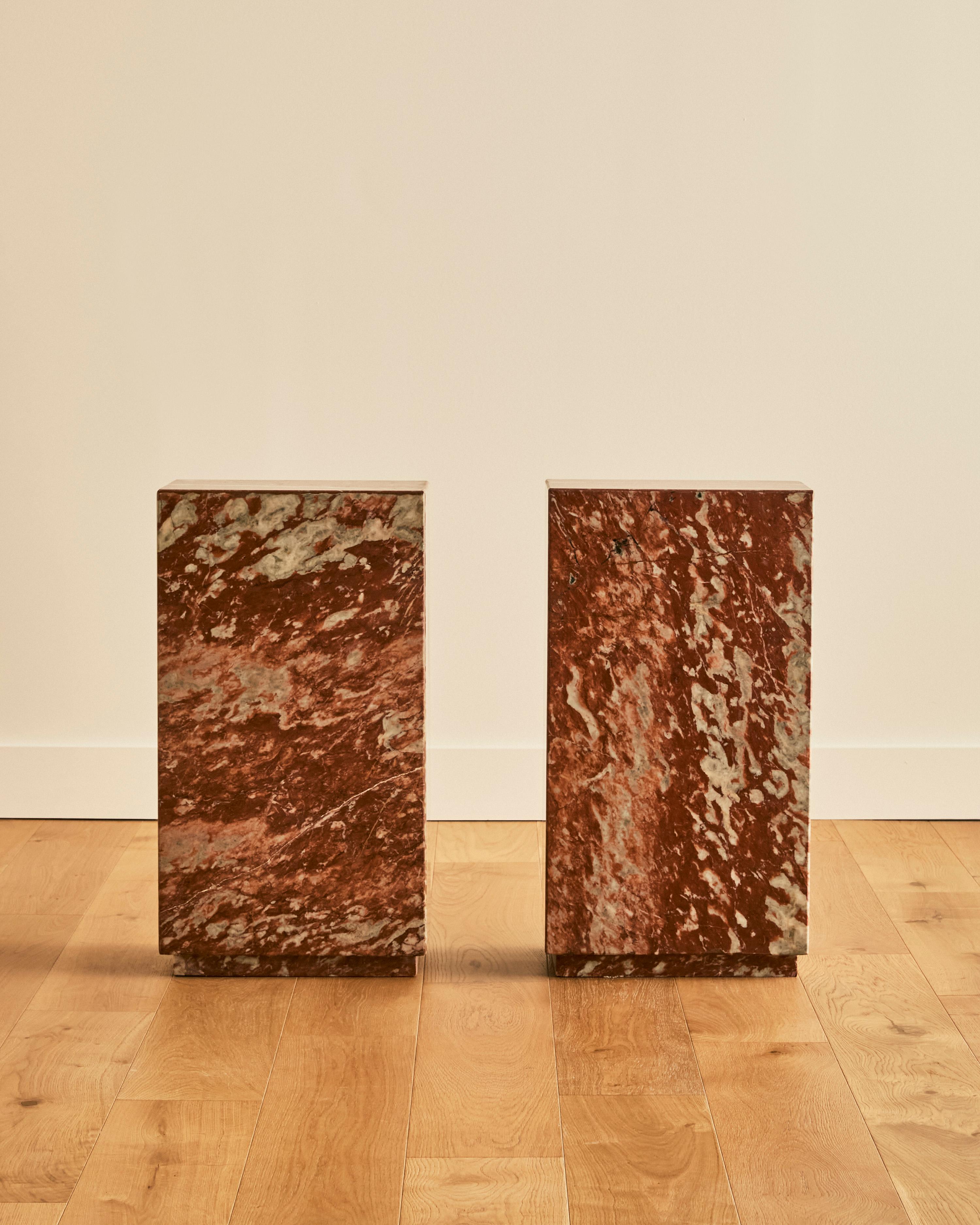 Rectangular red marble pedestal with recessed base. Two available, sold separately. 
