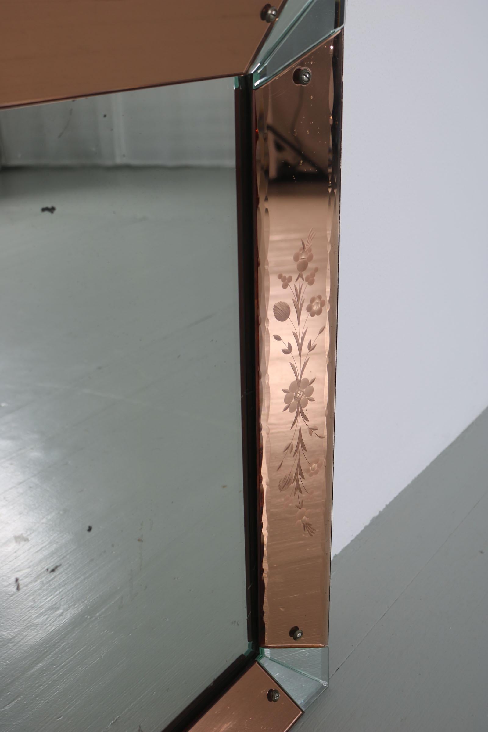 Rectangular Rose Colored Mirror with Engraved Floral Patterns, 1950 9