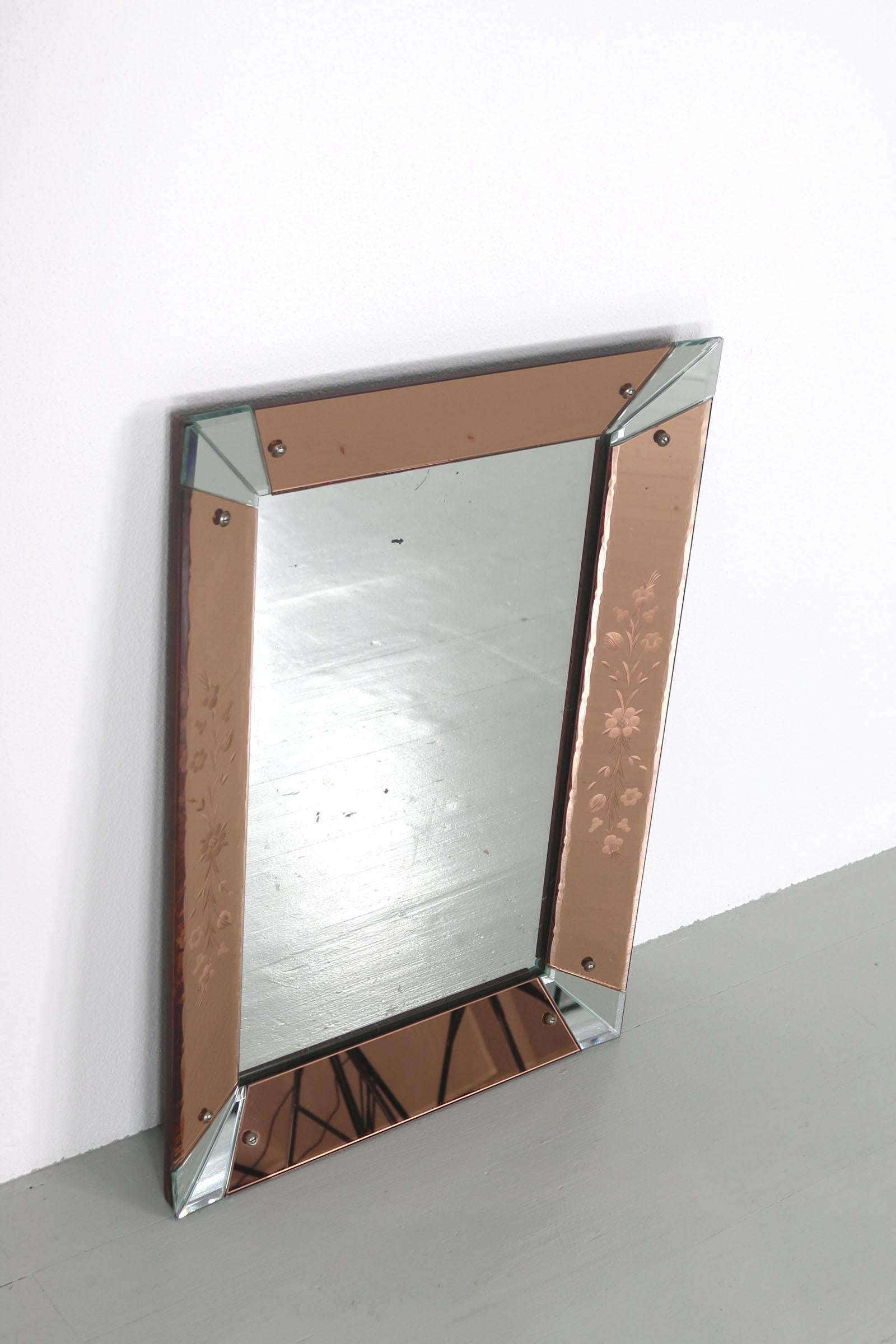 Mid-Century Modern Rectangular Rose Colored Mirror with Engraved Floral Patterns, 1950