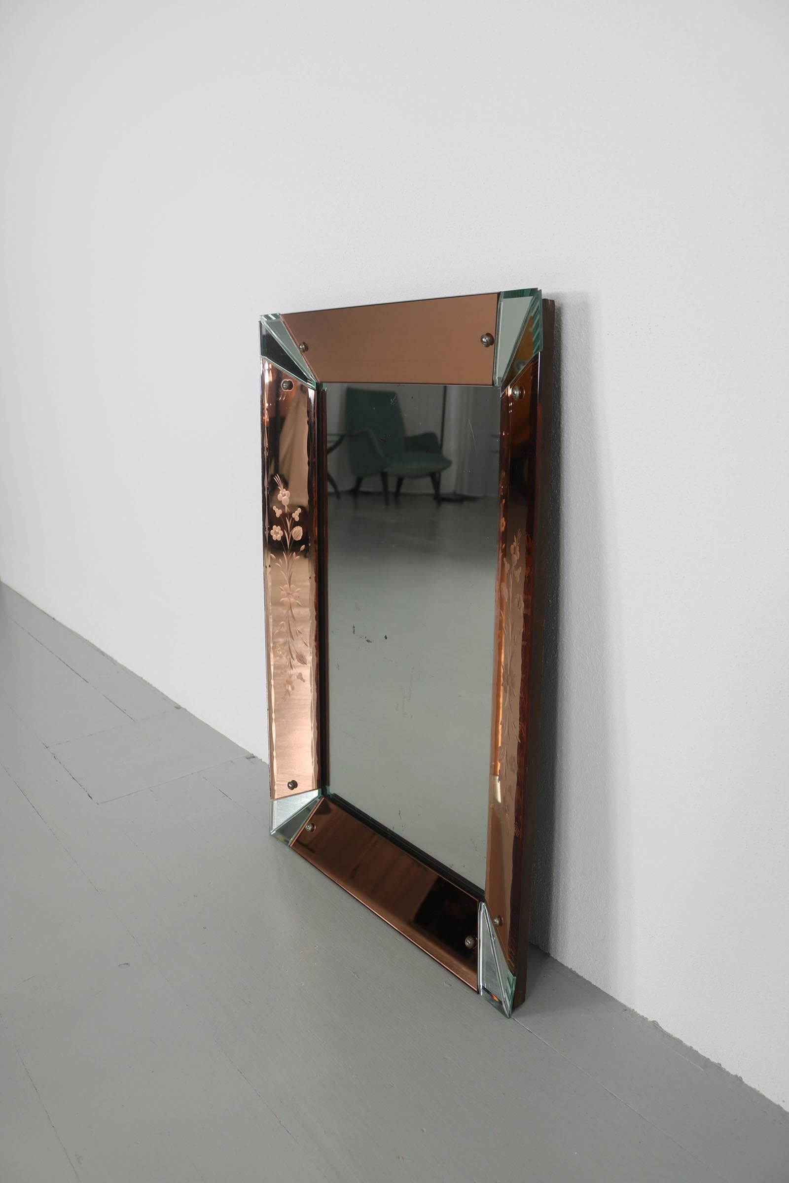 Rectangular Rose Colored Mirror with Engraved Floral Patterns, 1950 2