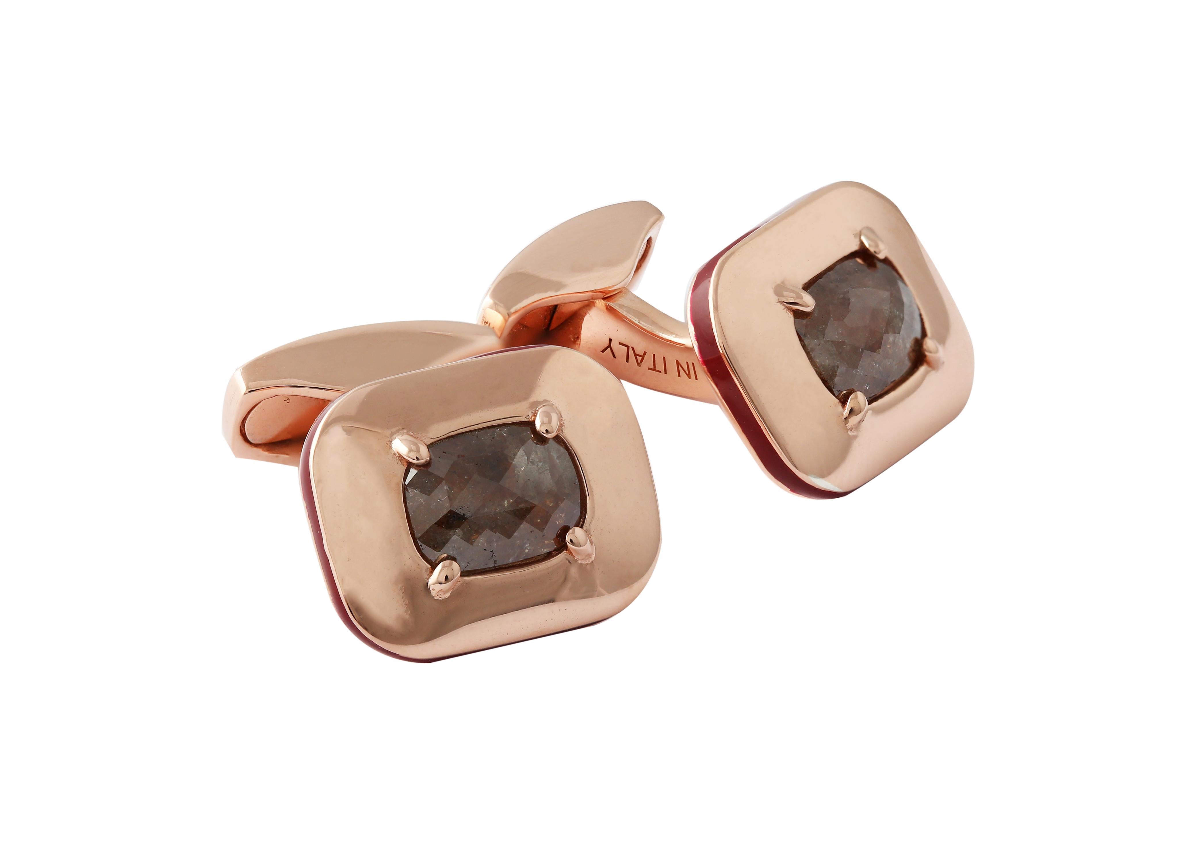 A one of a kind, unique pair of cufflinks featuring radiant rose cut diamonds, set within a central claw design. The diamonds range from mysterious blue tones to grey and deep red tones.Three different plating options are available and have been