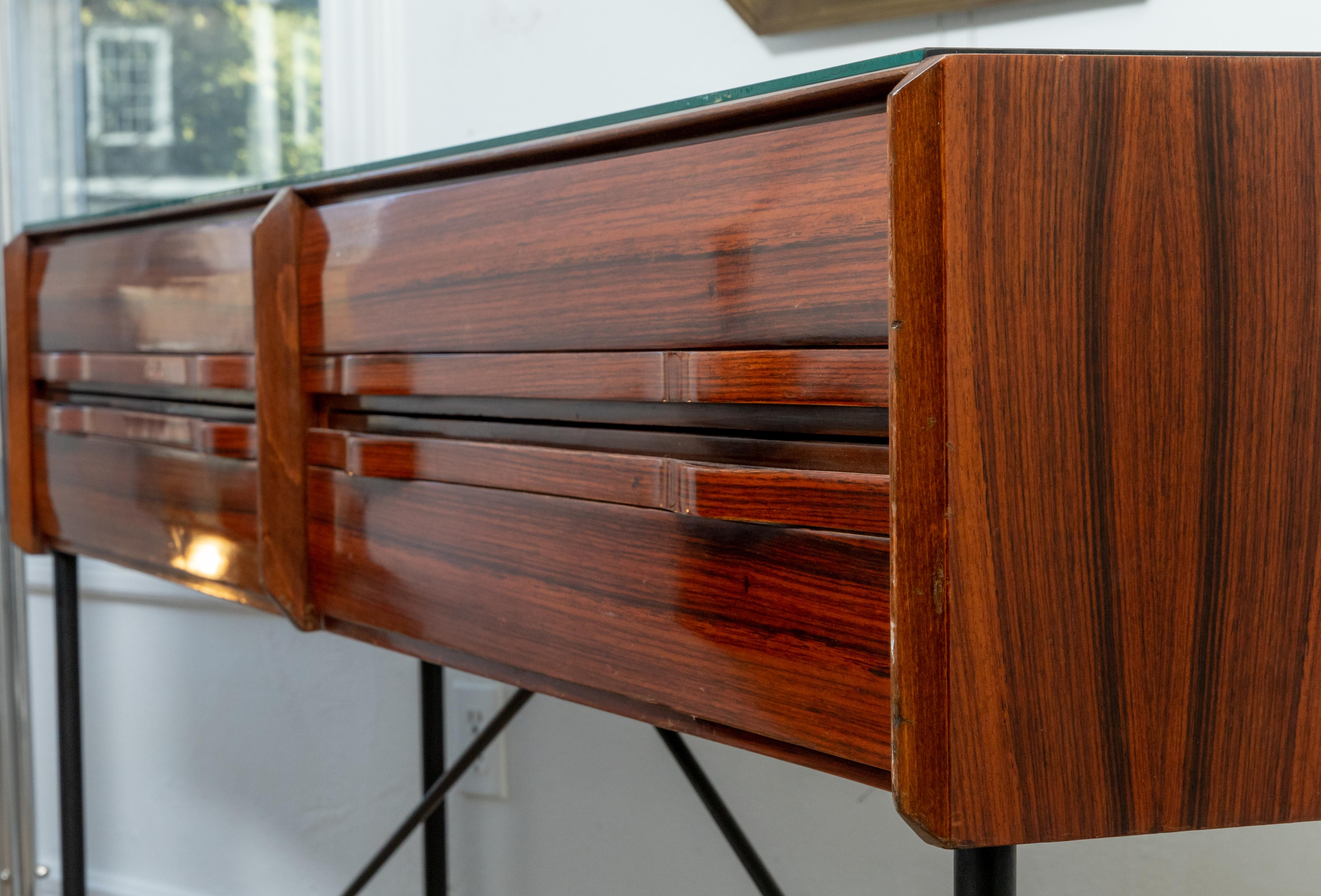 Mid-Century Modern Rectangular Rosewood Four Drawer Sideboard/Console with Blackened Iron Supports For Sale