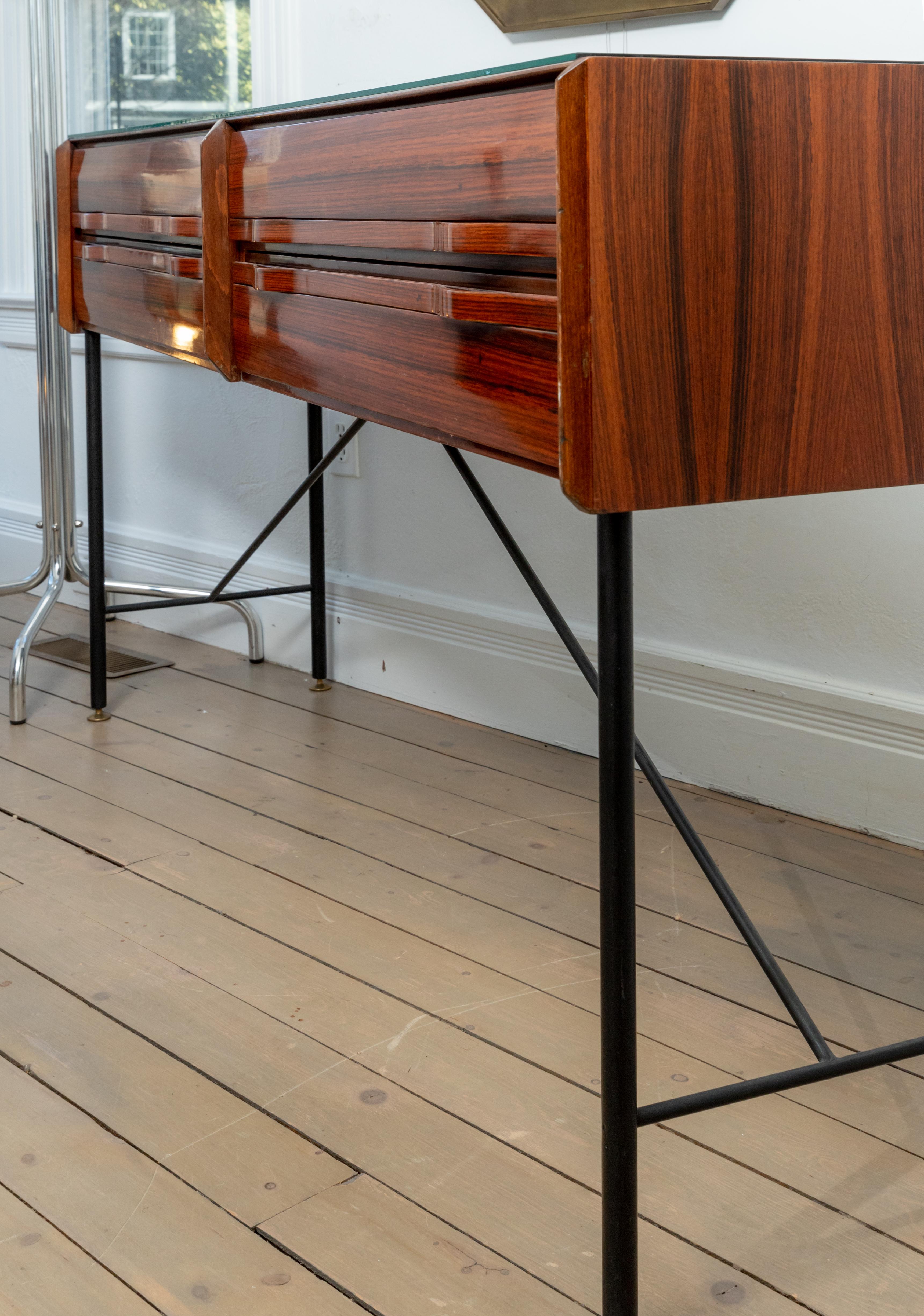 20th Century Rectangular Rosewood Four Drawer Sideboard/Console with Blackened Iron Supports For Sale