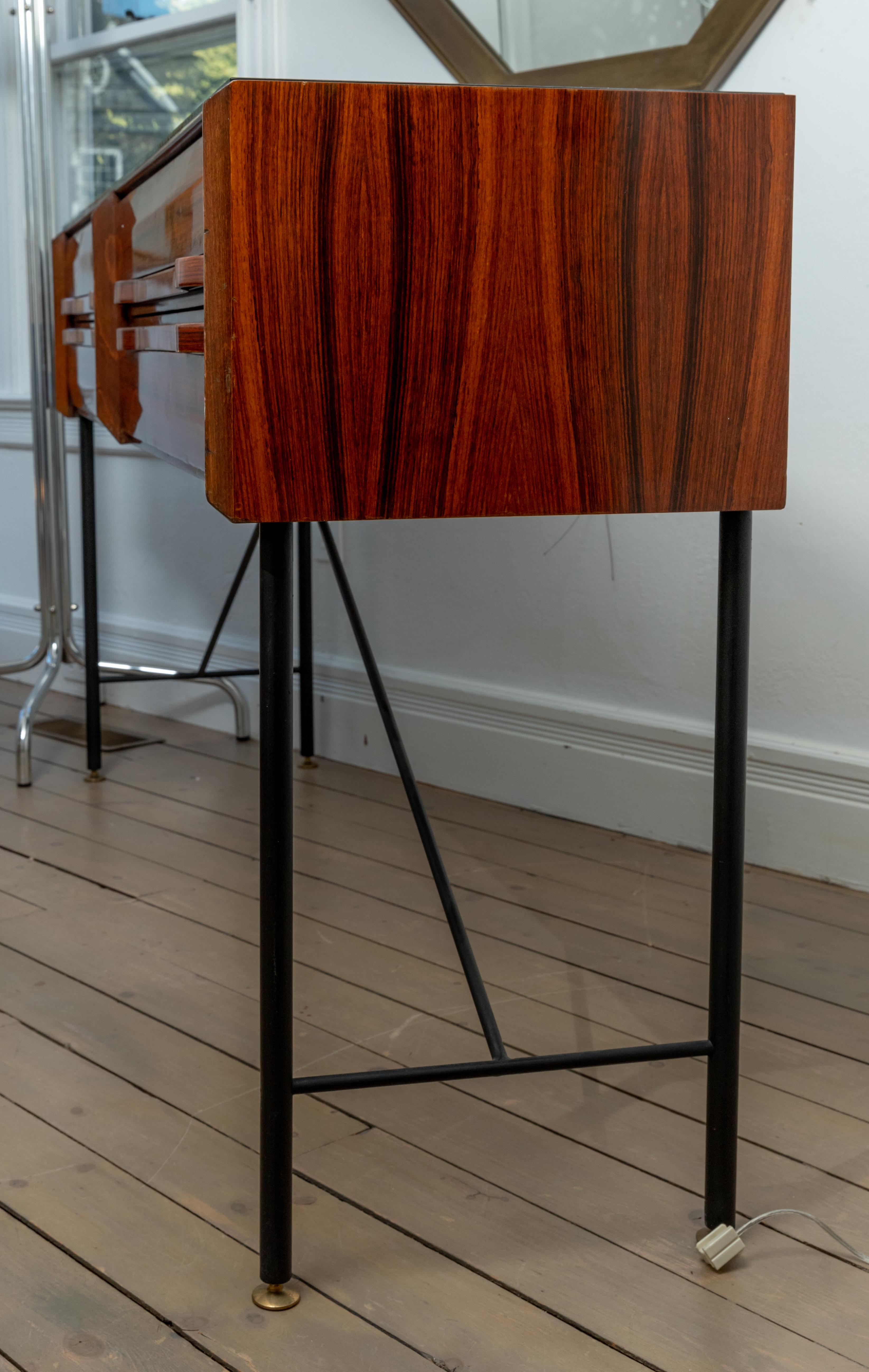 Brass Rectangular Rosewood Four Drawer Sideboard/Console with Blackened Iron Supports For Sale