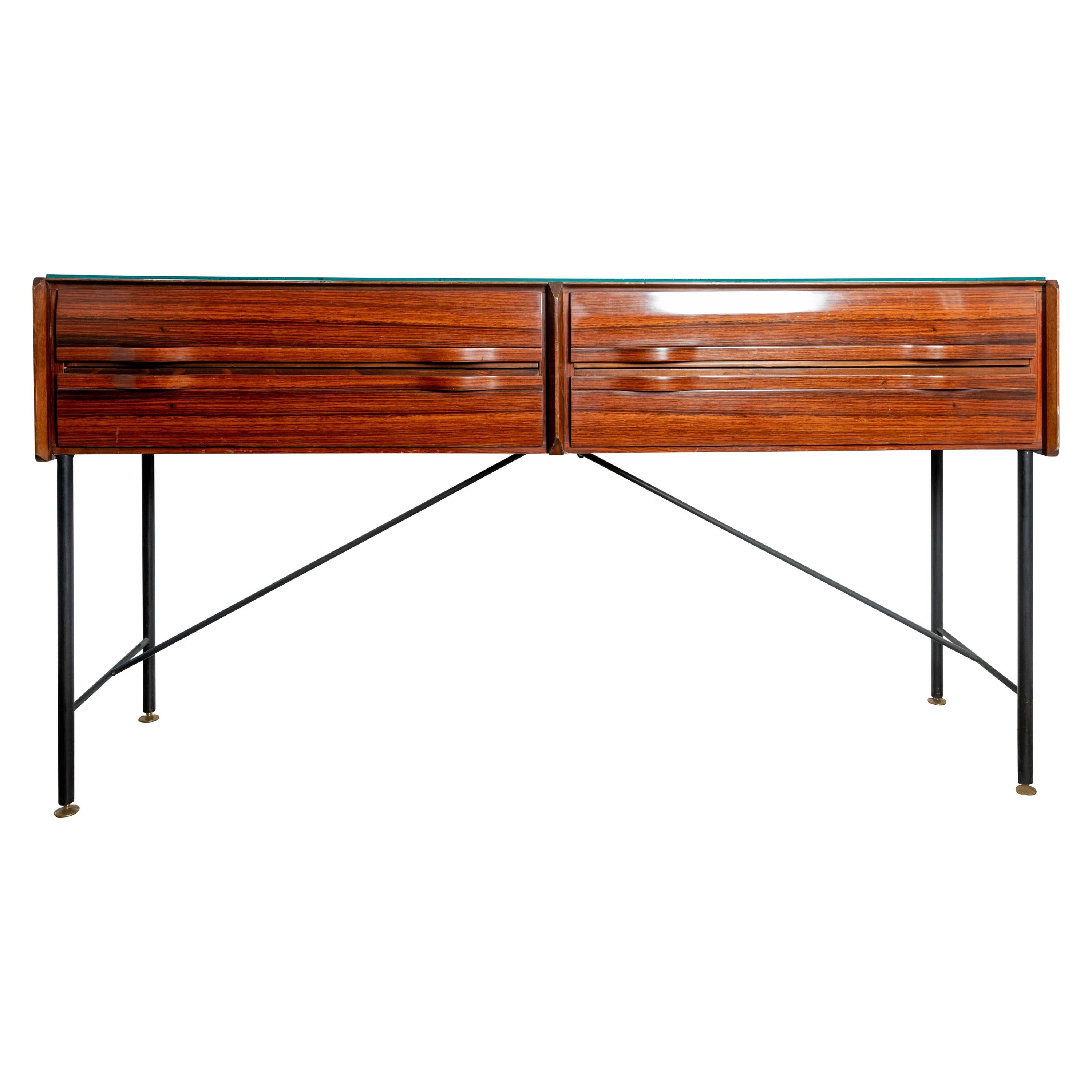 Rectangular Rosewood Four Drawer Sideboard/Console with Blackened Iron Supports For Sale