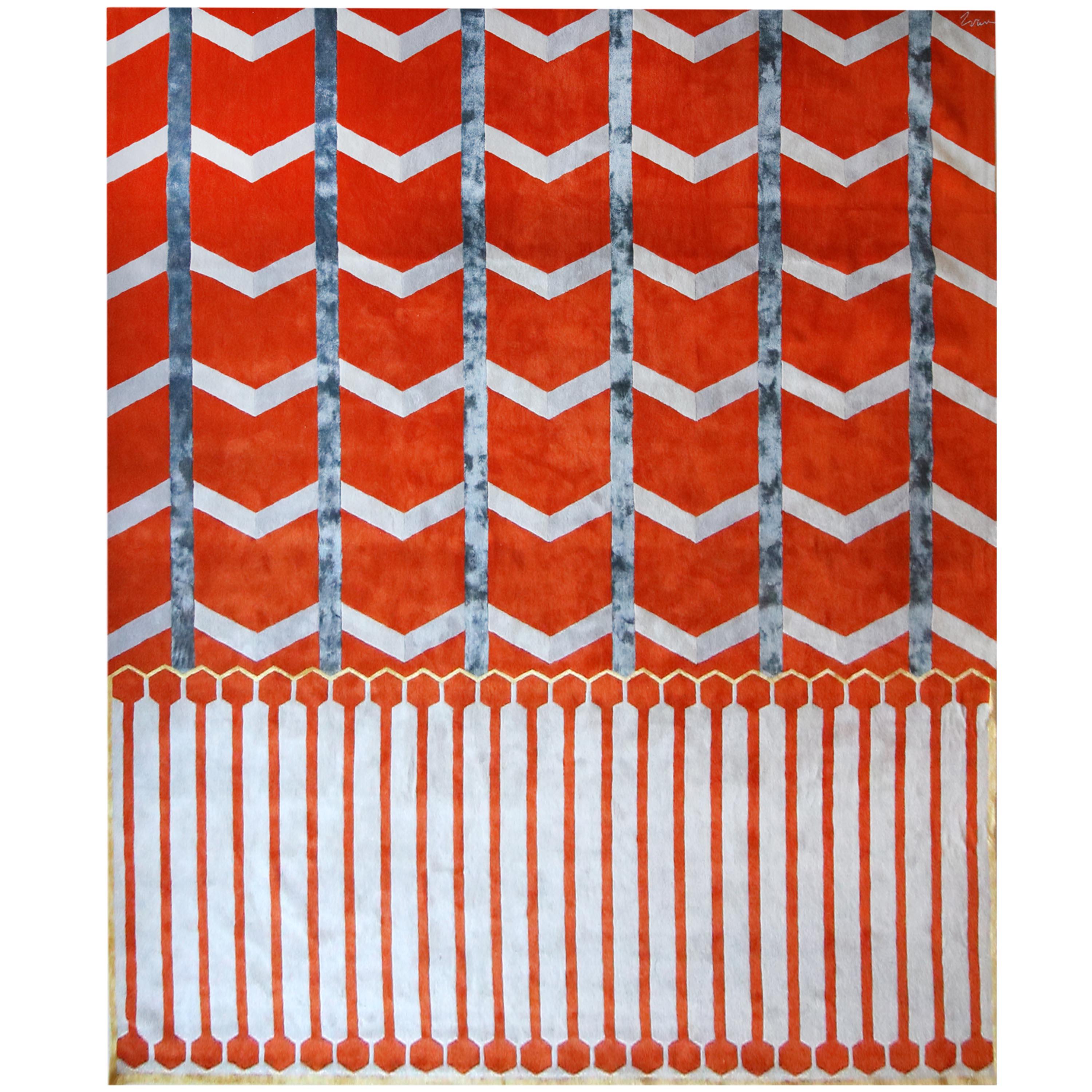 Rectangular Rug Viscose and Wool Geometric Design Carpet