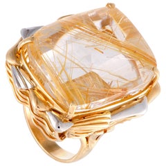 Rectangular Rutilated Quartz Platinum and Yellow Gold Ring
