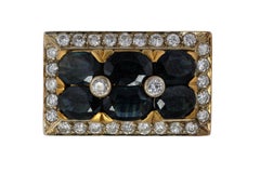 Rectangular Sapphire and Diamond Two Row Cluster Ring