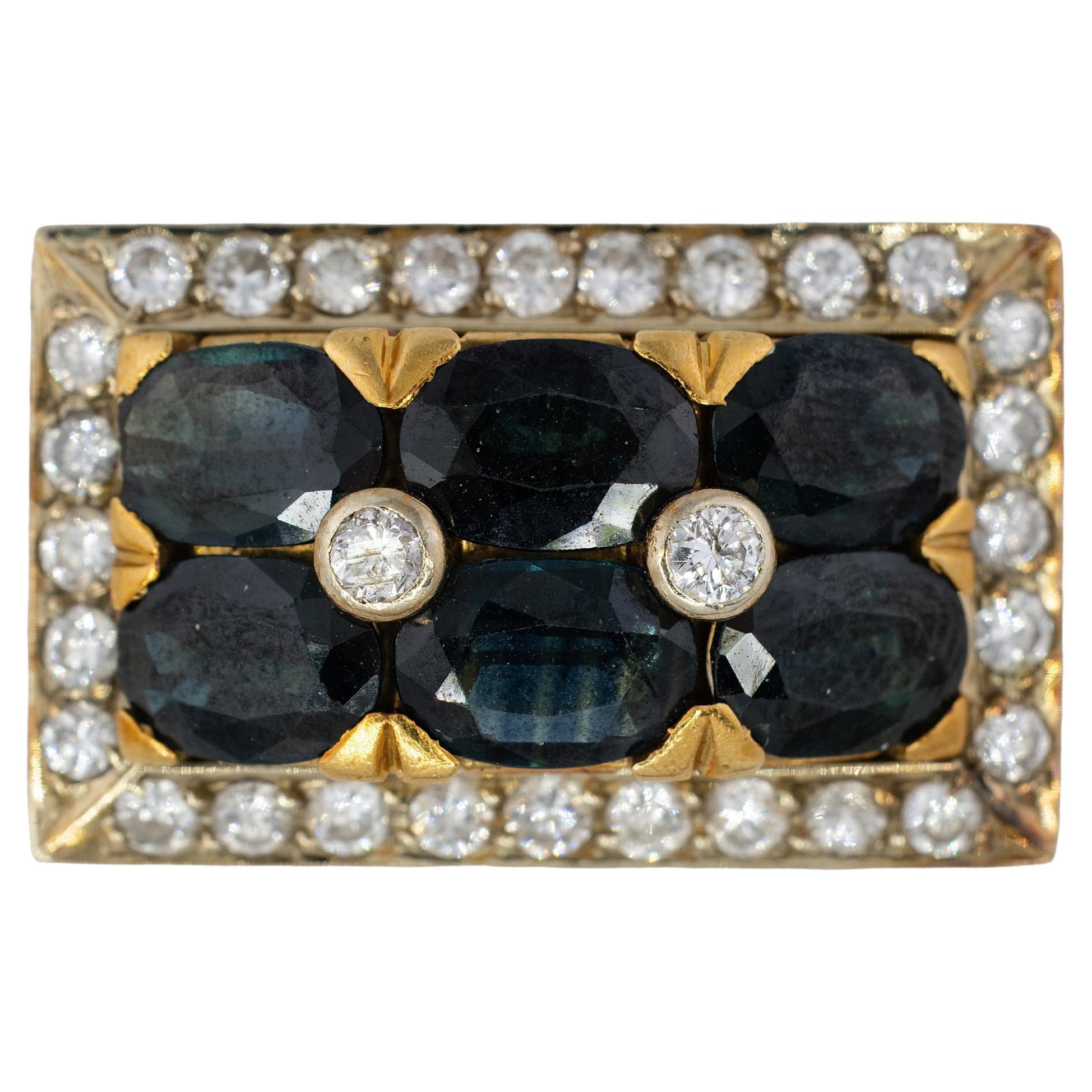 Rectangular Sapphire and Diamond Two Row Cluster Ring For Sale