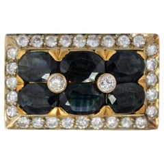Rectangular Sapphire and Diamond Two Row Cluster Ring