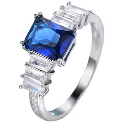 Rectangular Sapphire Blue Cubic Zirconia Three Side Stones Sterling Silver Ring