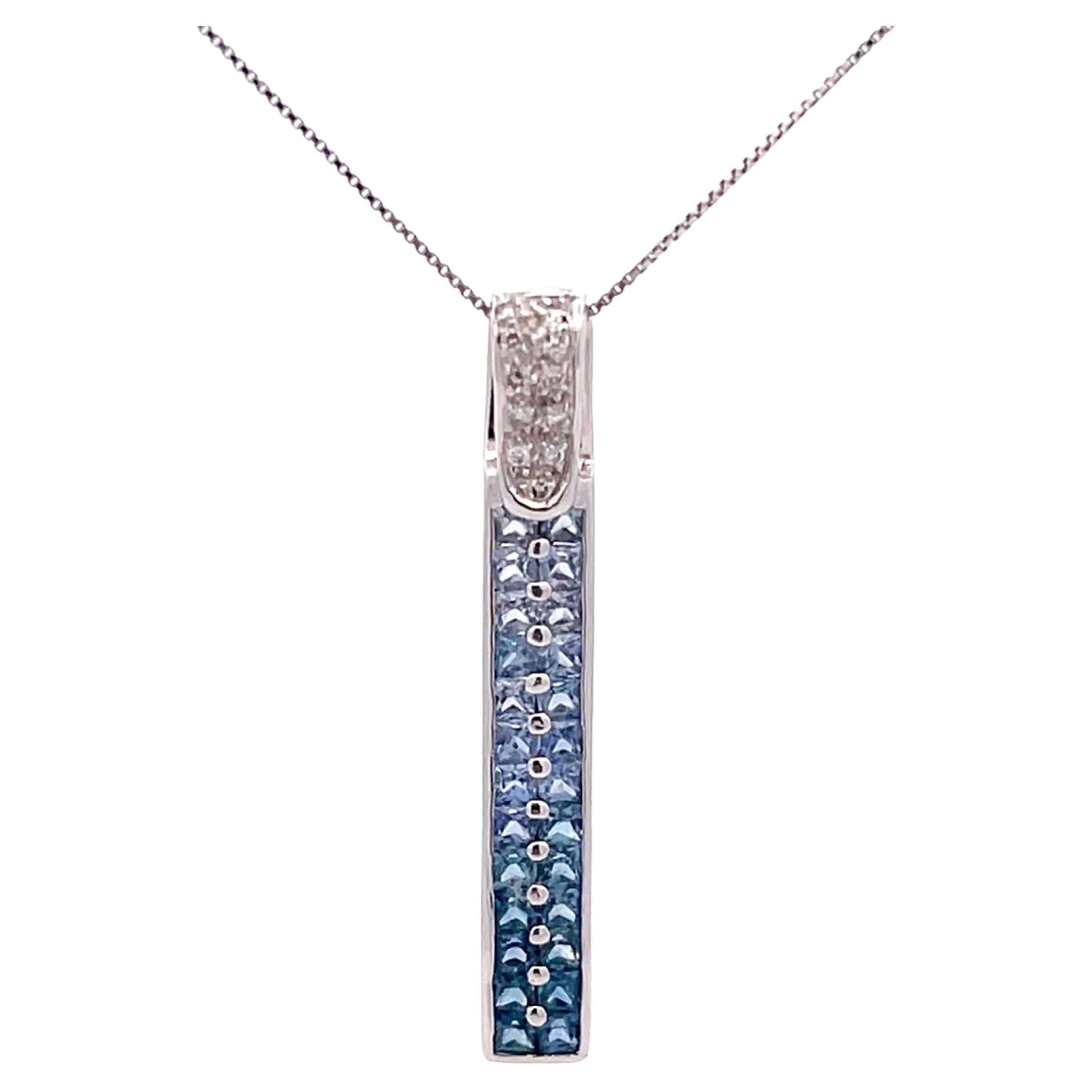 Rectangular Sapphire Diamond Drop Pendant in 14k White Gold For Sale