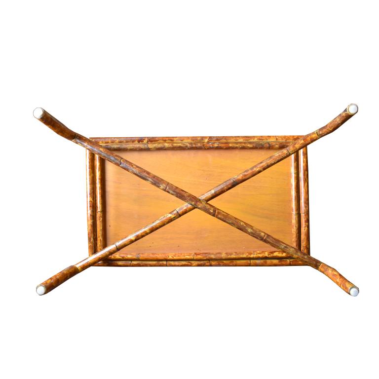 British Colonial Rectangular Scorched Burnt or Tortoise Bamboo and Cane Coffee or Cocktail Table
