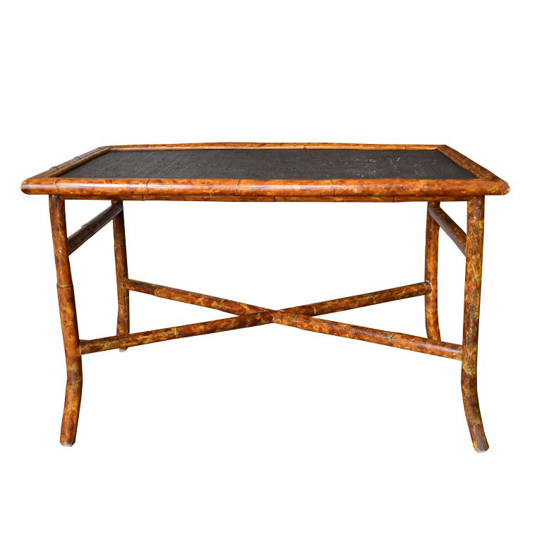 Central Asian Rectangular Scorched Burnt or Tortoise Bamboo and Cane Coffee or Cocktail Table