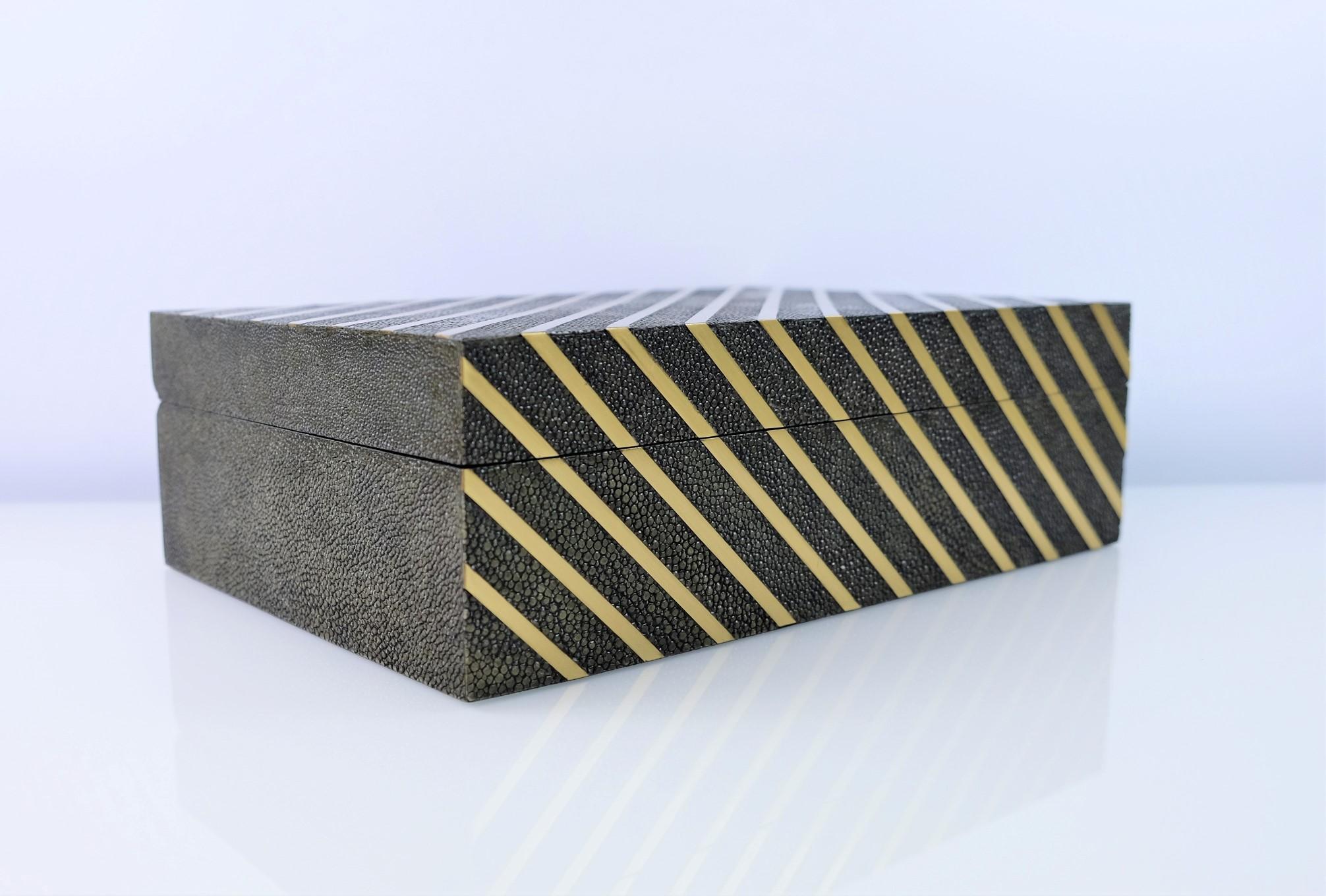 Hand-Crafted Rectangular Shagreen Box with Brass Trims by Ginger Brown For Sale